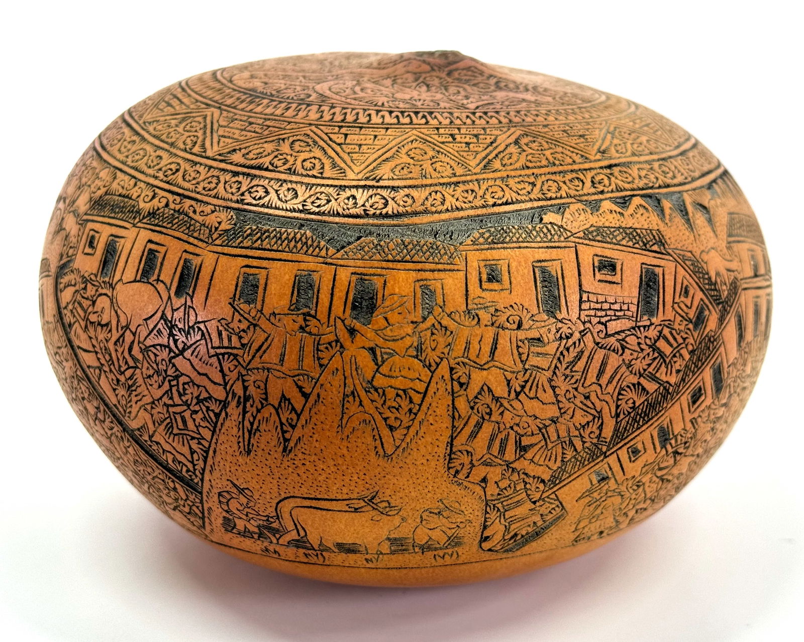 Old Peruvian Folk Art Detailed Carved Storyteller Rattle Gourd. (1 of 8)