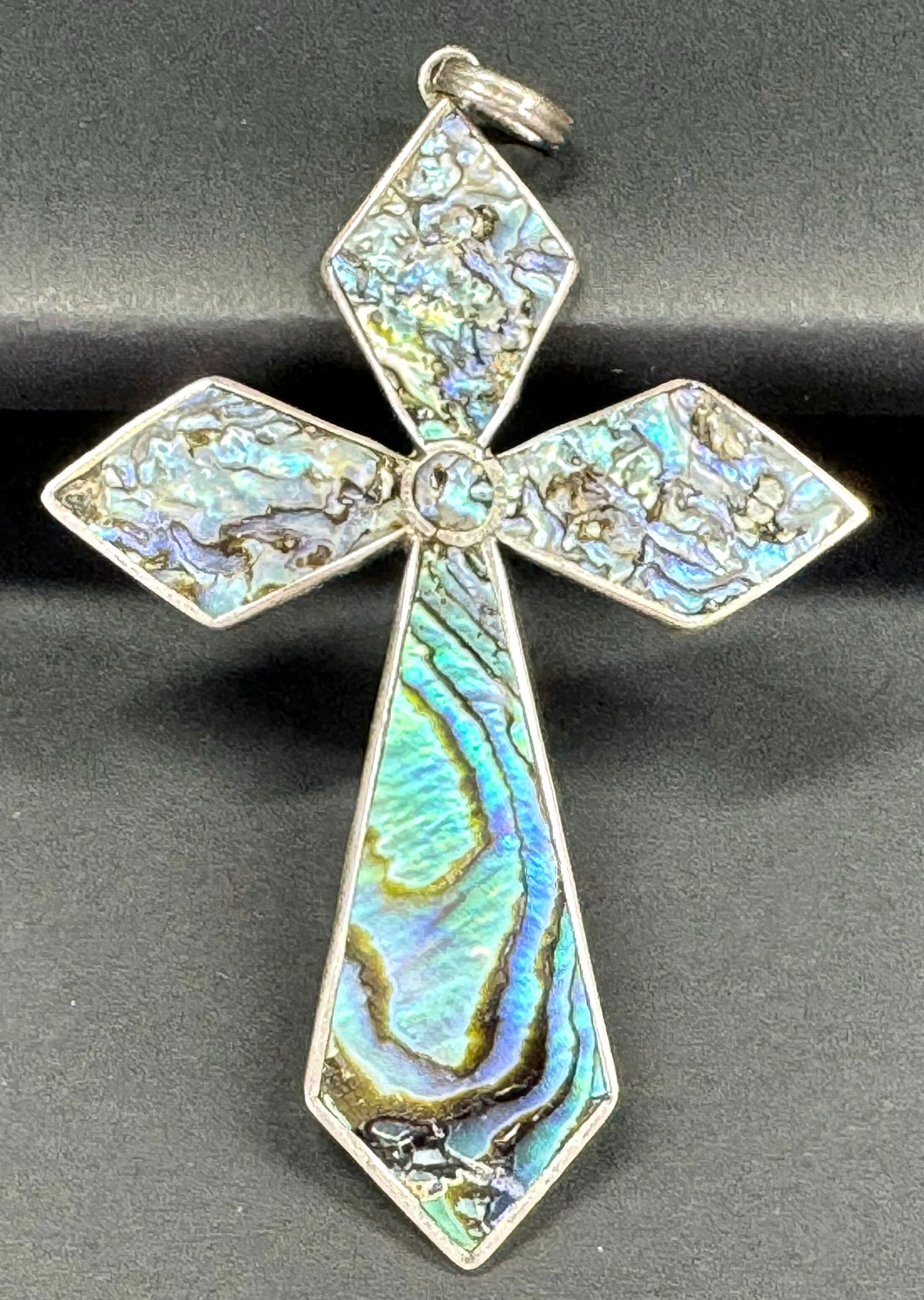Vintage Mexican Rubi Ramirez abalone inlay sterling silver large cross pendant, (1 of 6)
