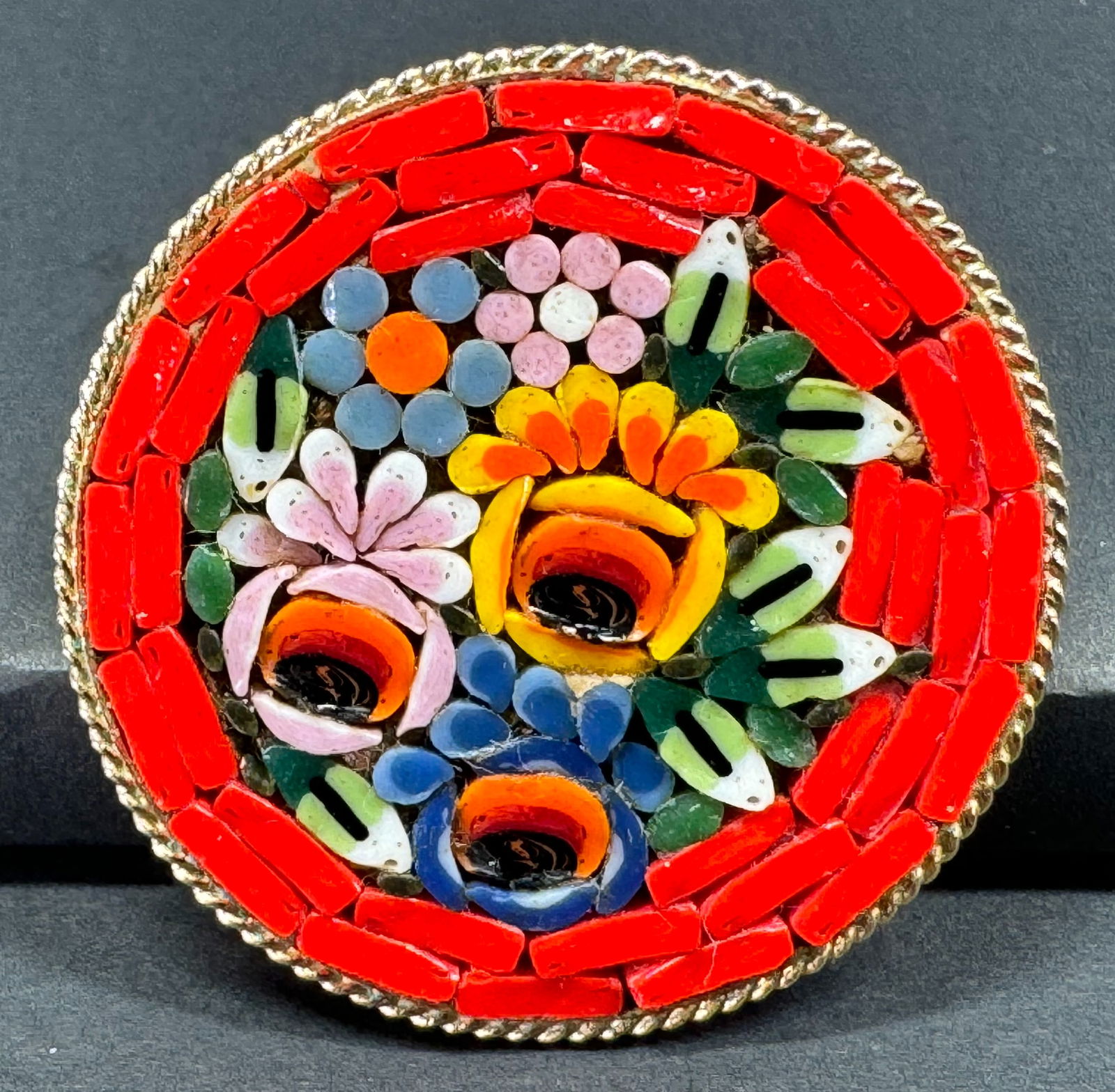 Vintage Italian micro mosaic flowers & leaves goldtone metal pin brooch. (1 of 4)