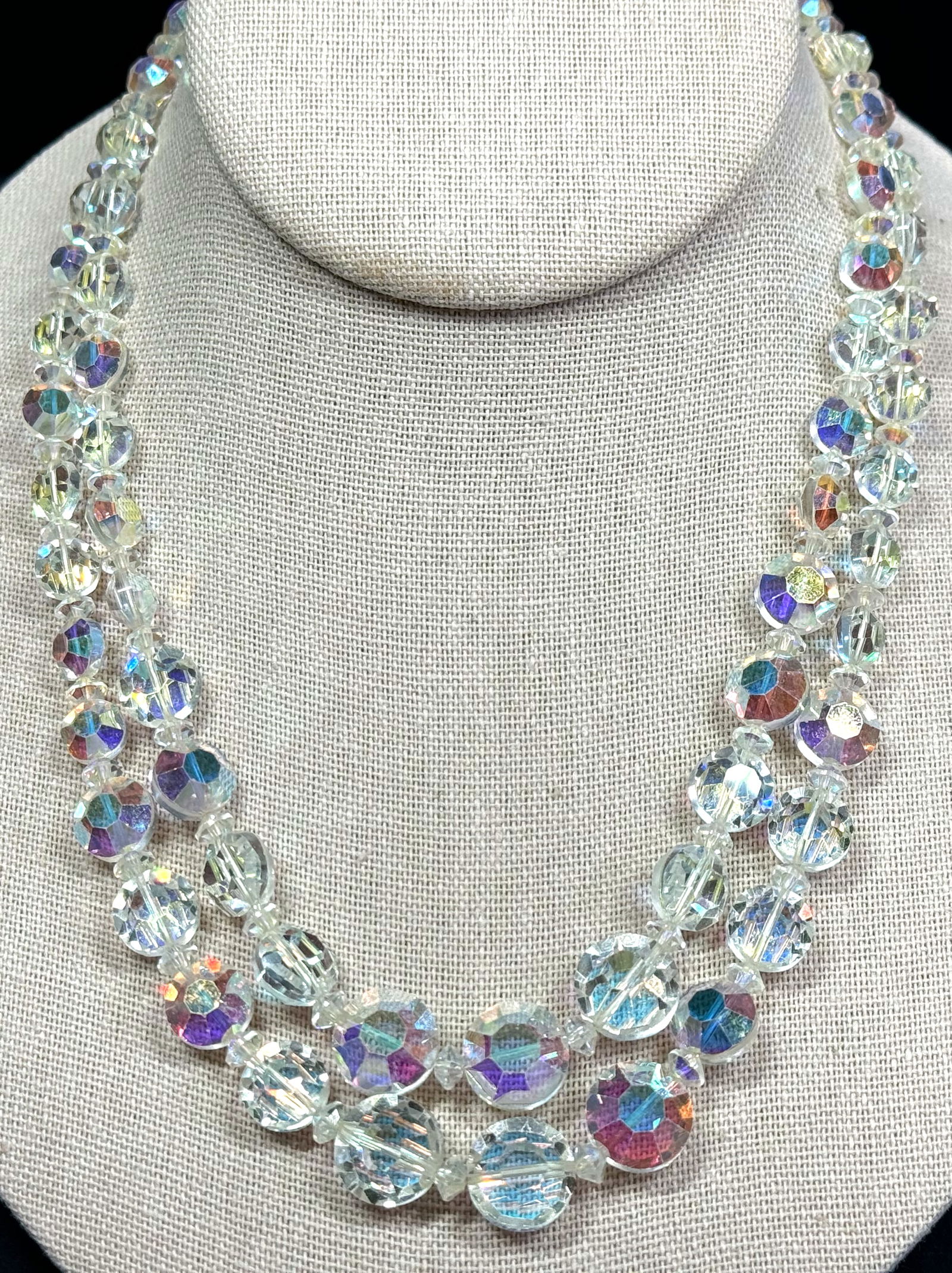Vintage jeweled clasp AB crystals graduated beads two strands collar necklace (1 of 10)