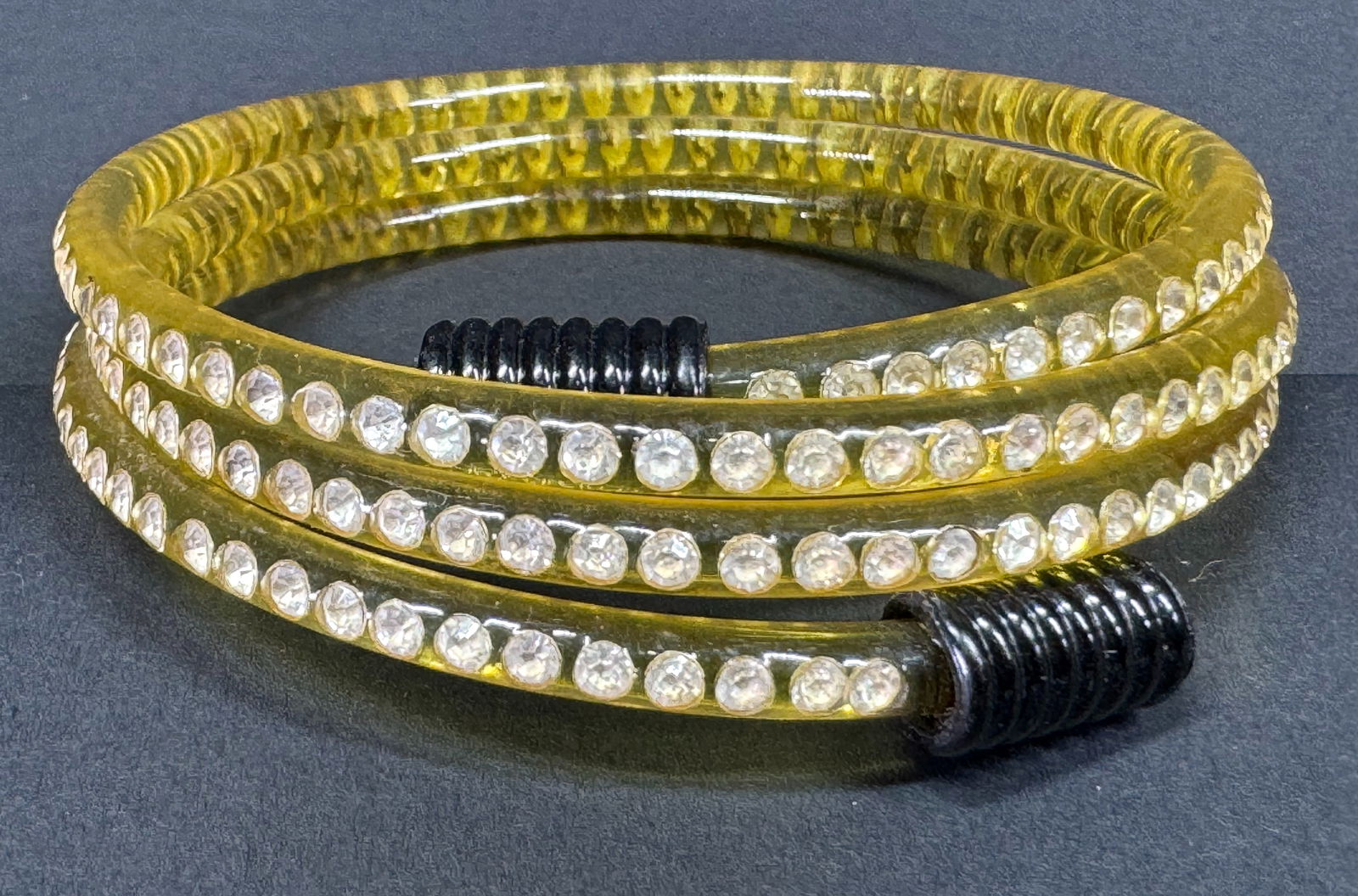Vintage encrusted clear rhinestones applejuice & striped black celluloid wrap bracelet. (1 of 8)