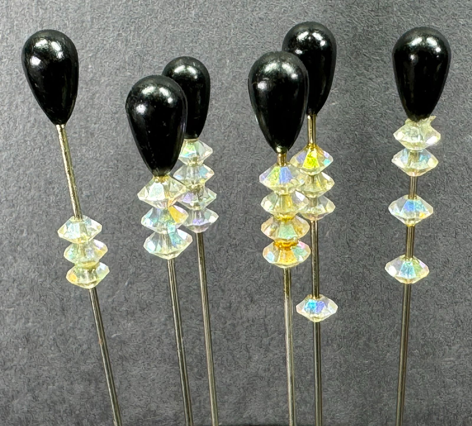 Vintage assorted black drop & faceted AB clear plastic beads hatpins hat pins. Lot of 6. (1 of 5)