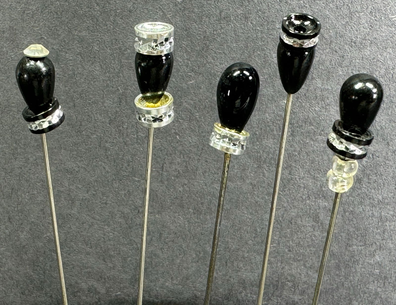 Vintage assorted black plastic drop, metal, glass beads hatpins hat pins. Lot of 5 (1 of 5)