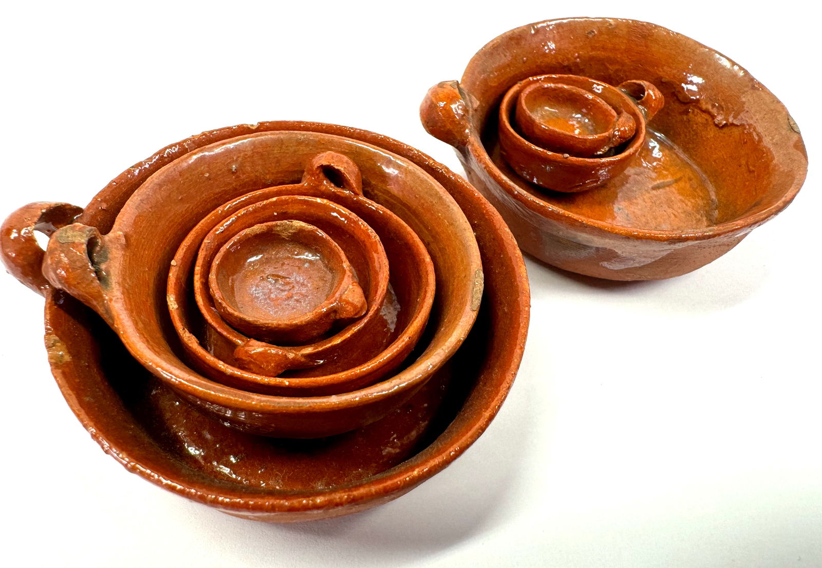 Vintage Mexican folk art miniature pottery nesting bowls. Lot of 2 sets (1 of 13)