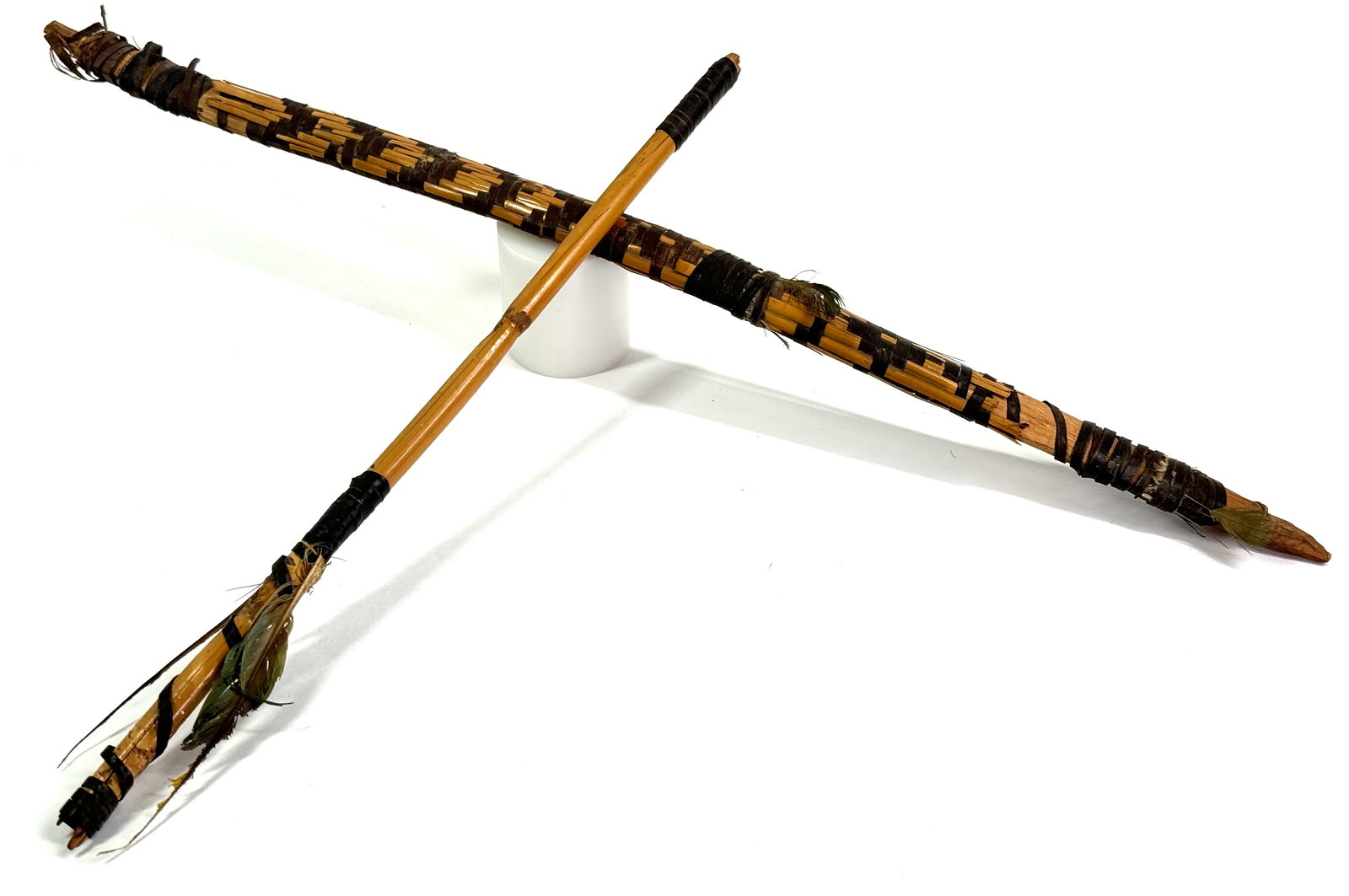 Old Amazonian Karaja Children Small Training/Playing Bow and arrow.: Old Amazonian Karaja Children Small Training/Playing Bow and arrow. Wood with fiber bind, cane. The bow measures 17 inches long and 3/4 inch wide Arrow measures 11 3/4 inches long. This is a NO RESERV