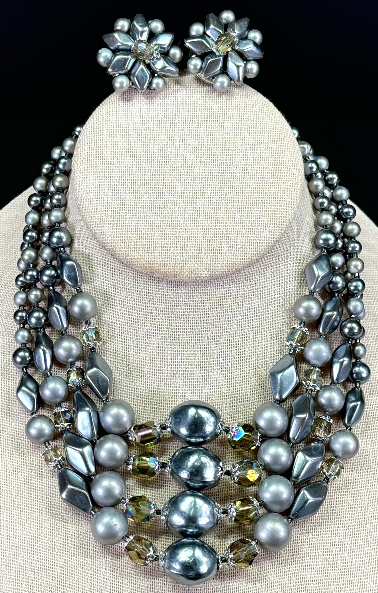 Vintage Japanese gray pearly & AB crystals 4 strands collar necklace + flower clip earrings. (1 of 14)
