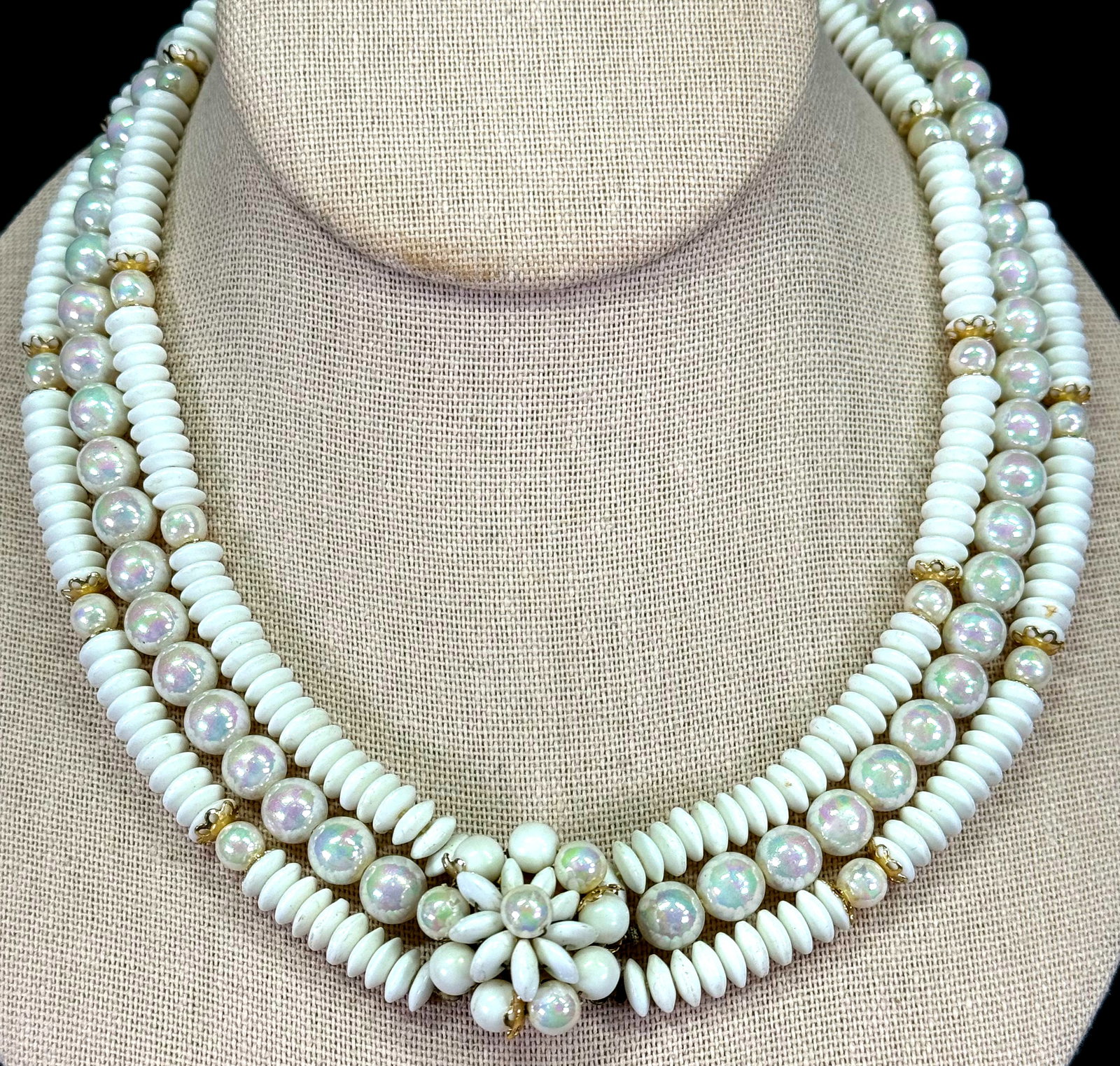 Vintage Japanese flower clasp milky glass & AB pearly beads 3 strands collar necklace.: Vintage Japanese flower clasp milky glass & AB pearly beads 3 strands collar necklace. Marked. For measures please refer to the pictures taken with a measuring tape. Weight: 72 Grams. This is a NO RES