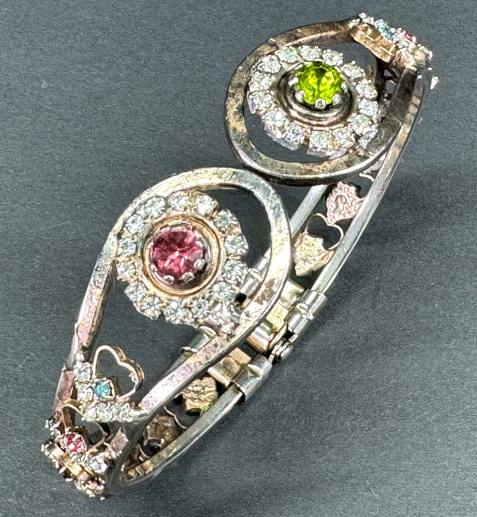 Vintage Hobe style multi color rhinestones goldtone metal flowers & hearts clamper bracelet. (1 of 13)