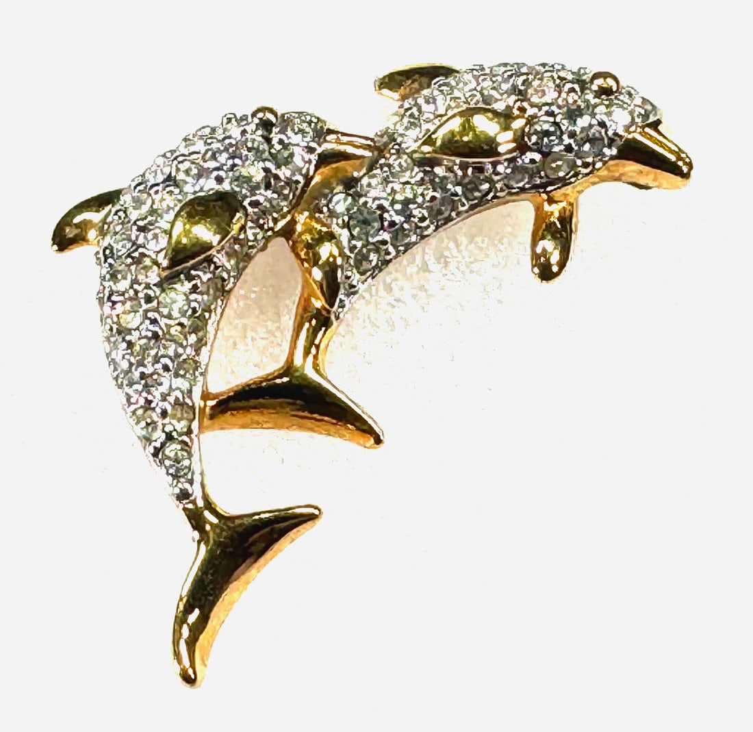 Vintage Swarovski clear crystals goldtone metal dolphins pin tack. (1 of 8)