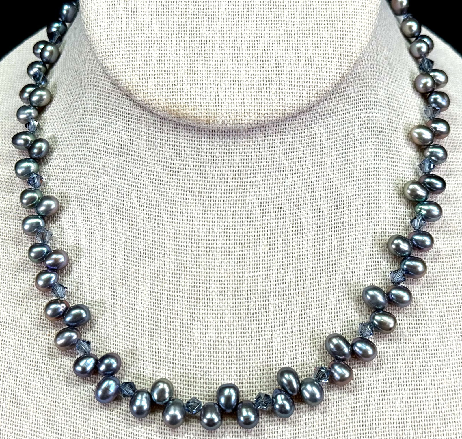 Vintage artsy gray baroque pearls , bluish faceted crystals, sterling silver collar necklace. (1 of 7)