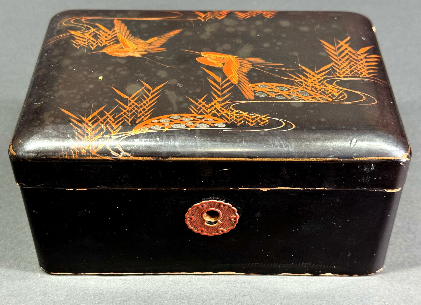 Vintage Japanese hand painted flying storks black lacquered jewelry box. (1 of 9)