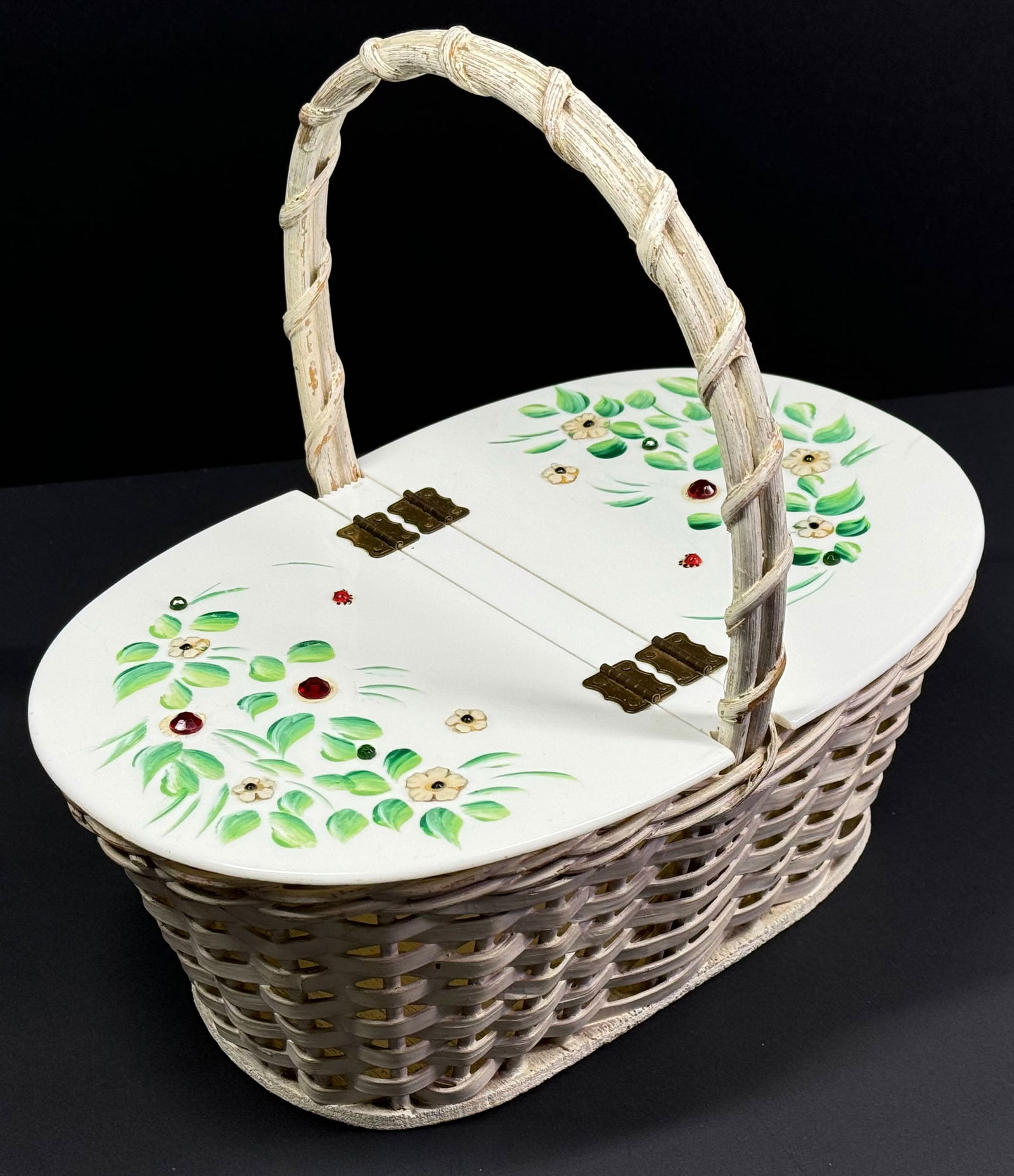 Vintage Hand painted and jeweled flowers & ladybugs plastic top wicker sewing basket. (1 of 17)
