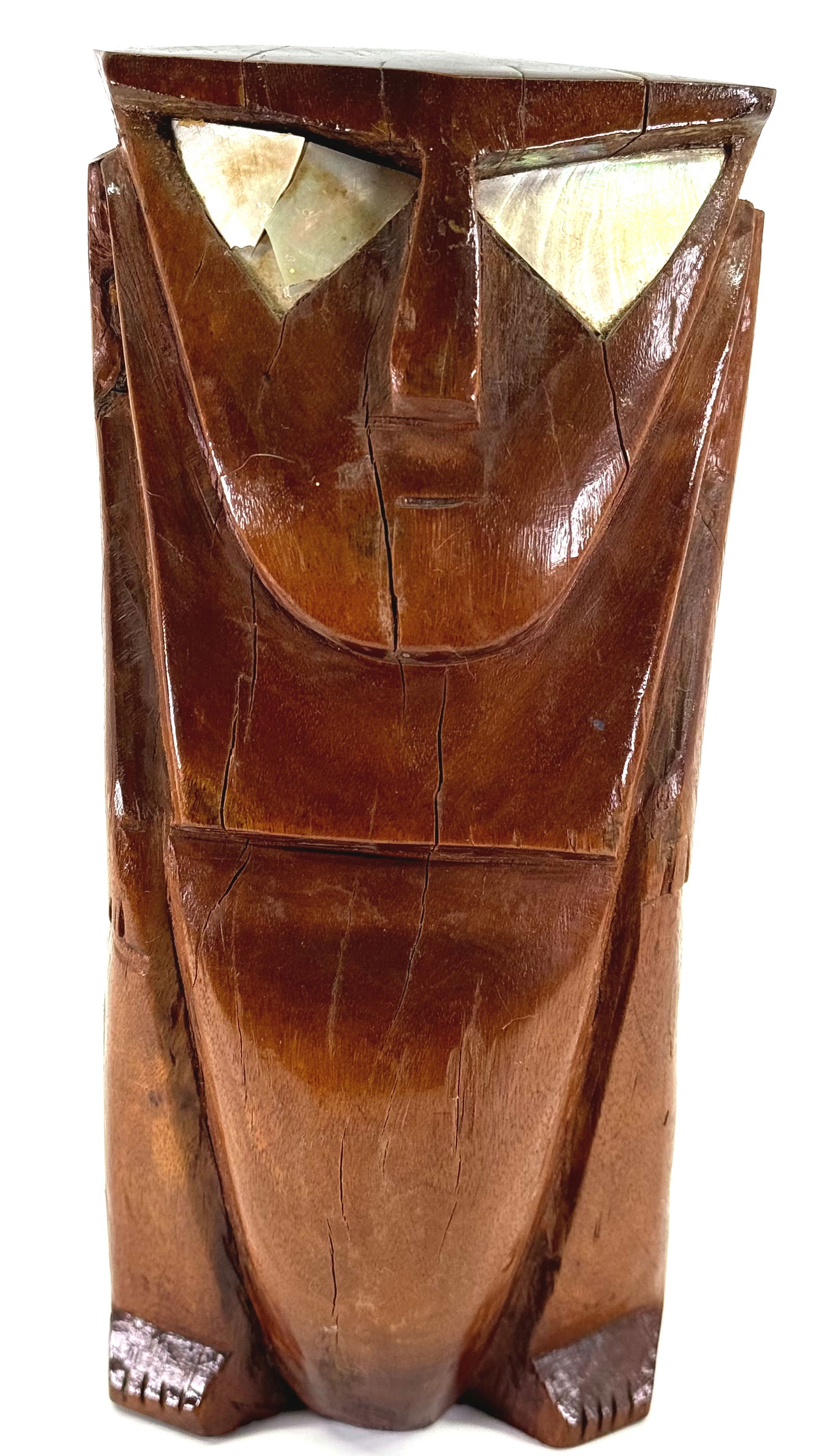 Caroline Islands  Micronesia Squatting Figure. Carved wood. Shell Inlay. (1 of 7)