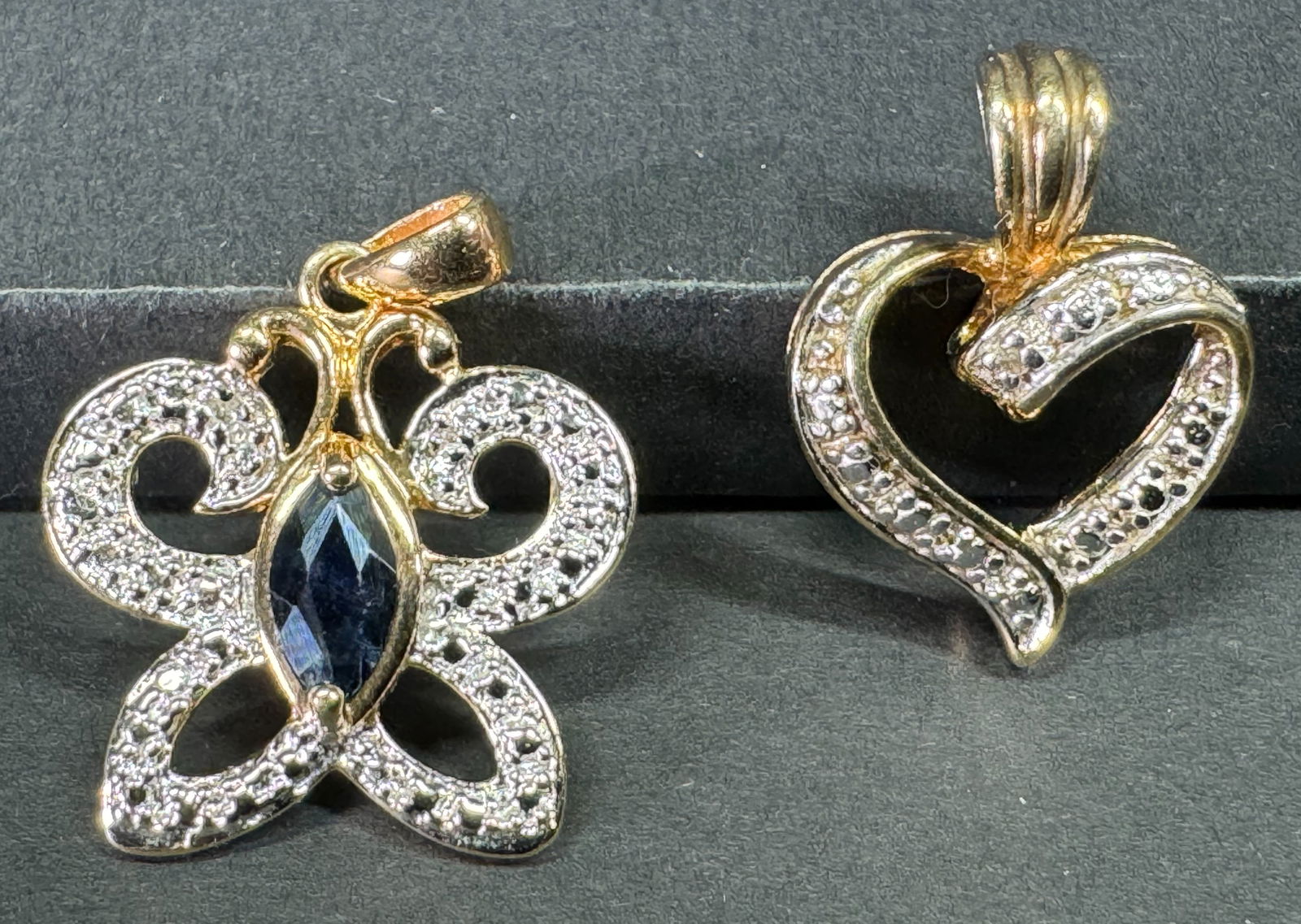 Ross Simons jeweled sterling silver butterfly & heart charm pendants.: Ross Simons jeweled sterling silver butterfly & heart charm pendants. Marked 925 & RS. For measures please refer to the pictures taken with a measuring tape. Weight: 3.22 Grams. This is a NO RESERVE A