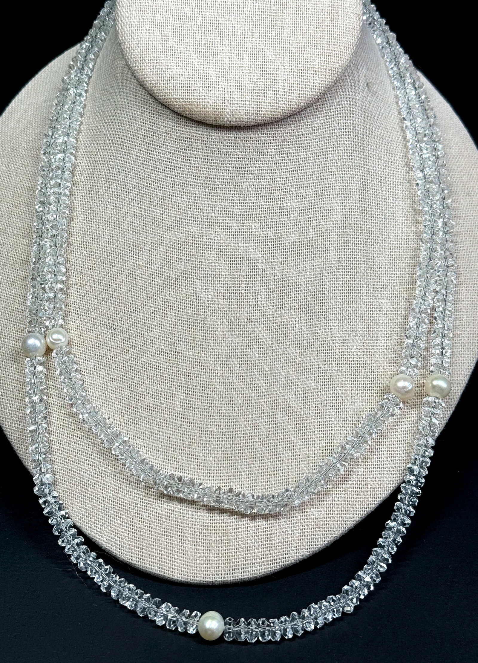 Sterling Happiness Chinese symbol clasp faceted crystals & baroque pearls two strands necklace: Sterling silver Happiness Chinese symbol clasp faceted crystals & baroque pearls two strands necklace. Clasp marked S925. For measures please refer to the pictures taken with a measuring tape. Weight: