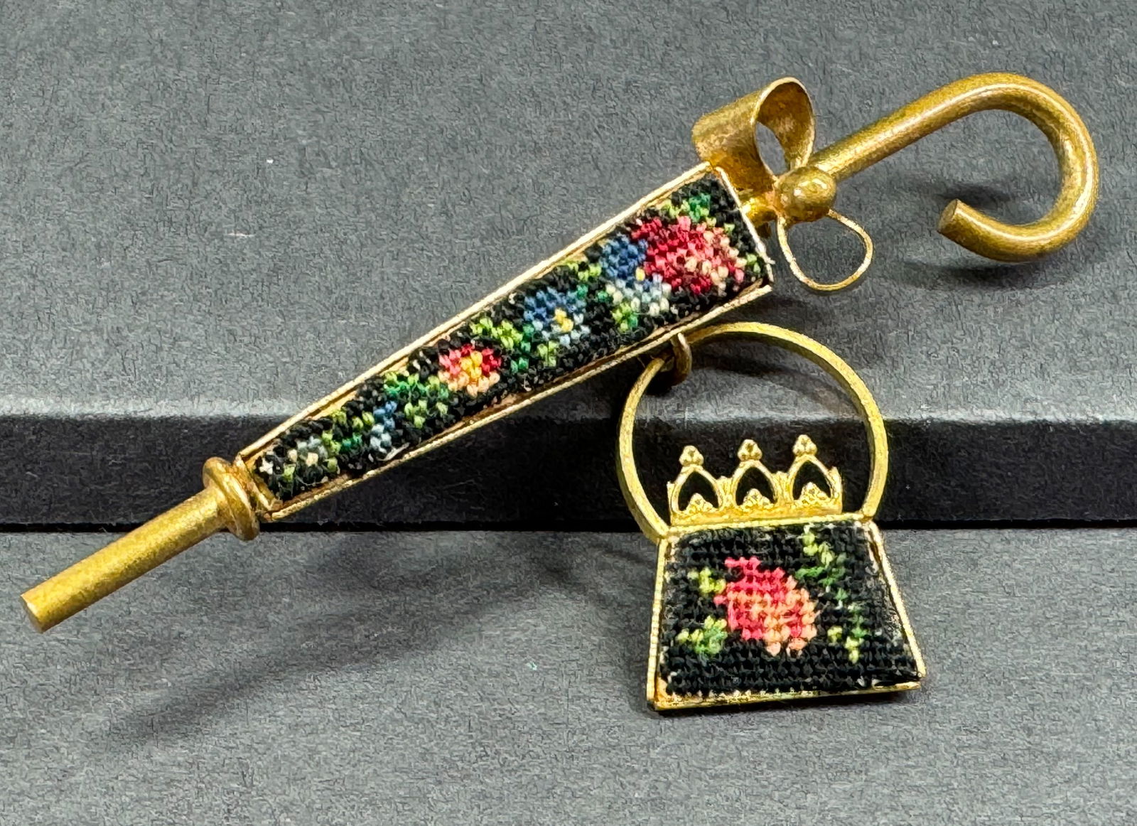 Vintage embroidered flower petit point goldtone metal umbrella with dangle bag pin brooch. (1 of 6)