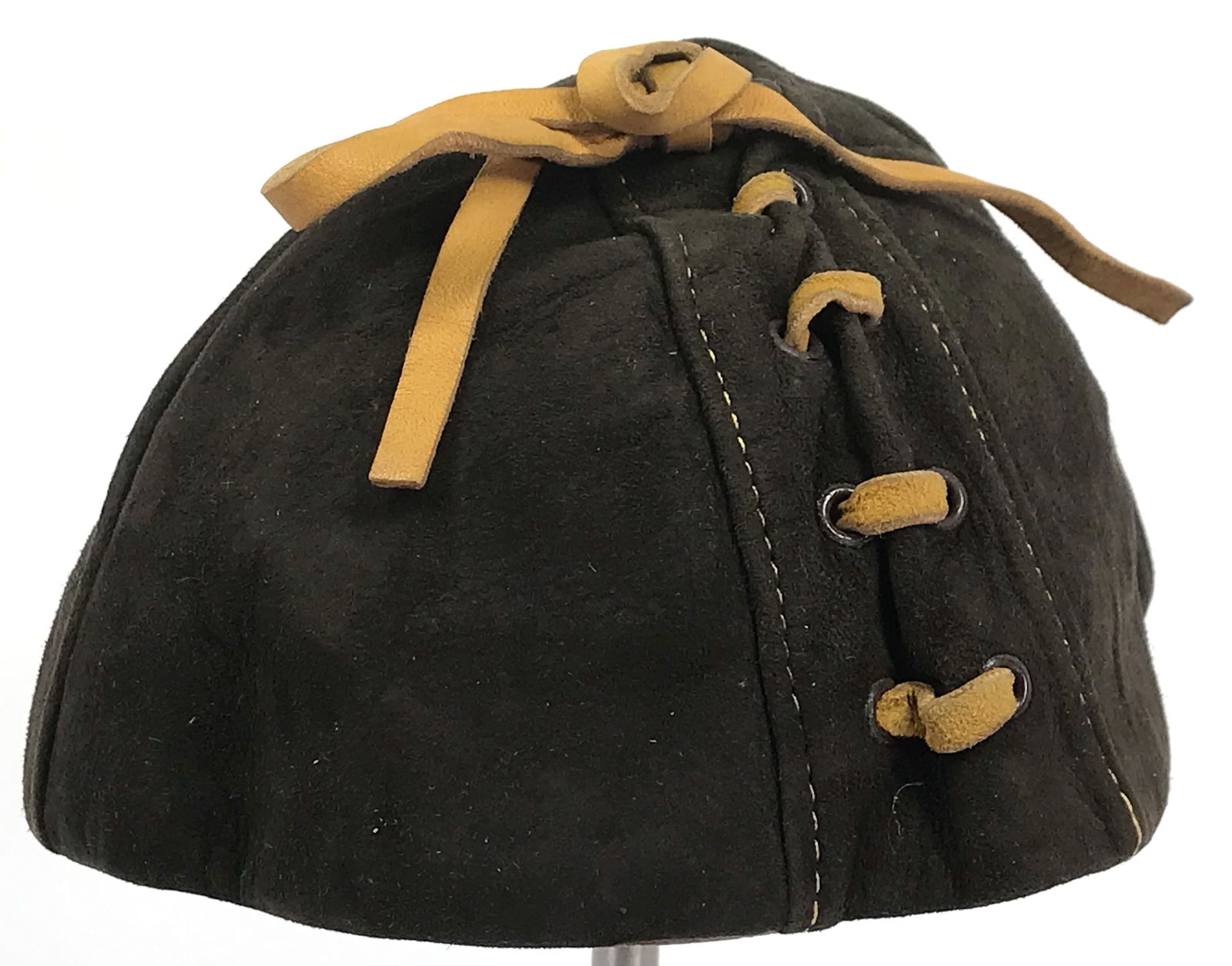 Vintage Park Avenue Paris New York brown suede beige lace up ball shaped hat. Fabric labels. The: Vintage Park Avenue Paris New York brown suede beige lace up ball shaped hat. Fabric labels. The interior circumference measures around 20 inches. This is a NO RESERVE AUCTION: there are no hidden or