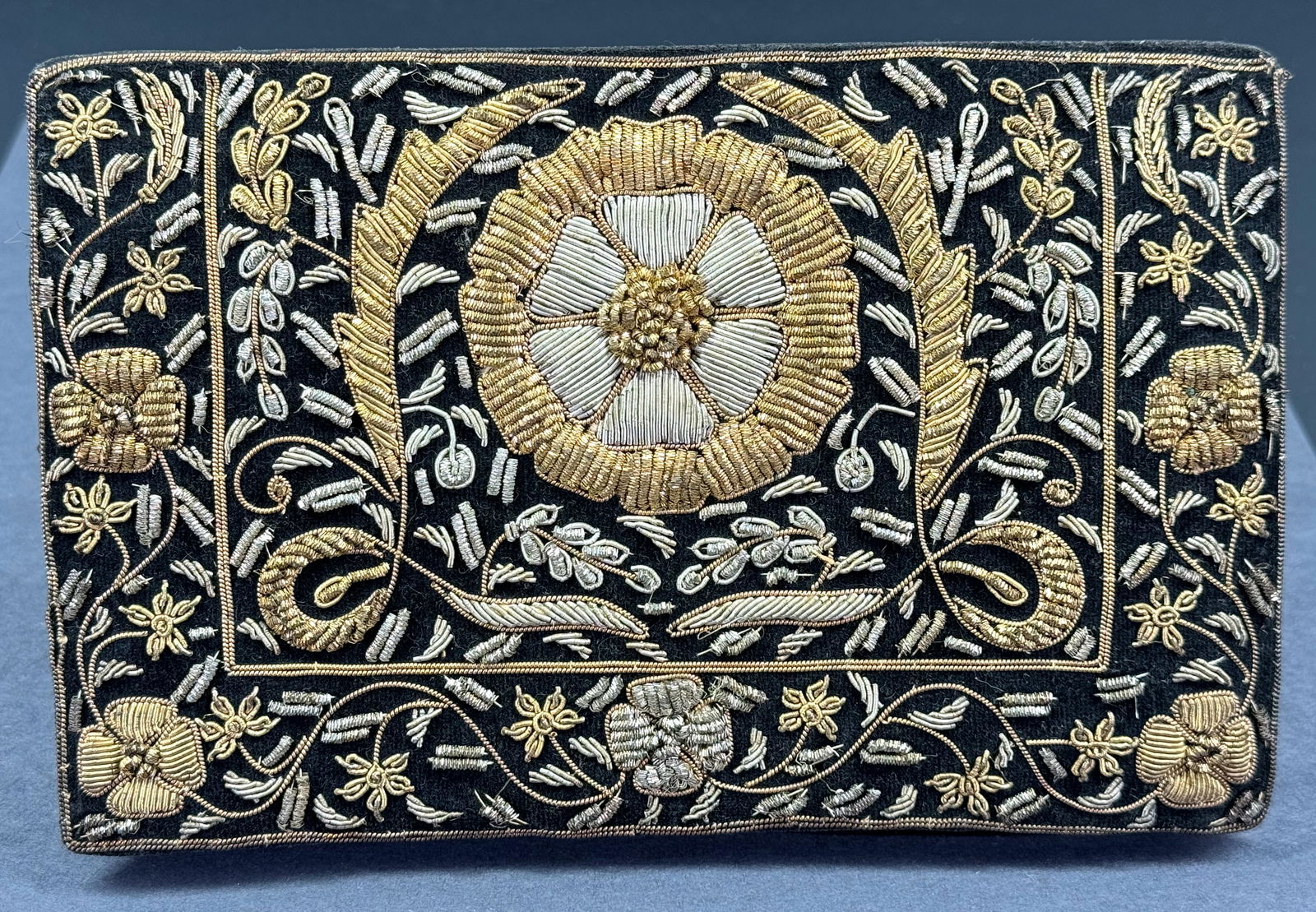 Vintage Indian metallic threads zardozi embroidery flowers & leaves black velvet clutch purse (1 of 9)