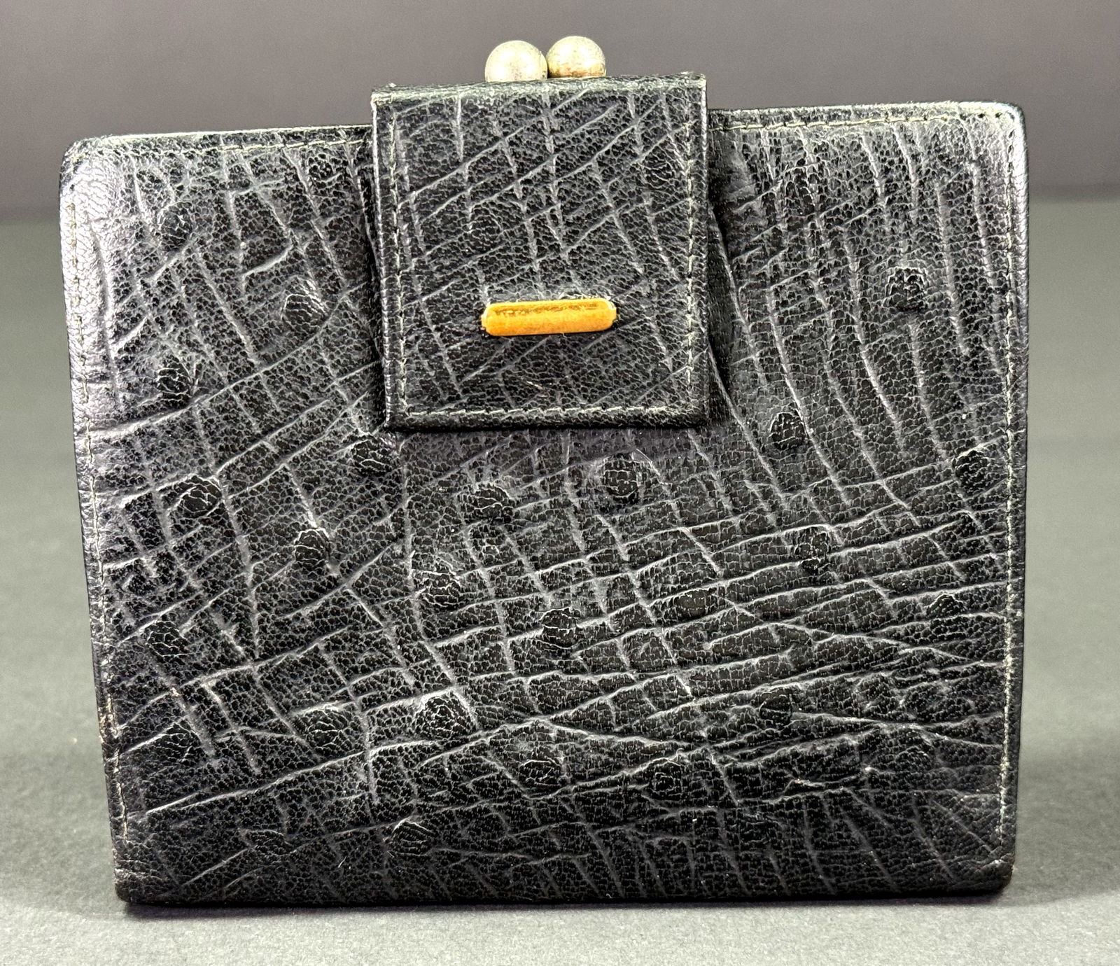 Vintage 60s German Saks Fifth Avenue black ostrich skin bifold wallet. (1 of 16)