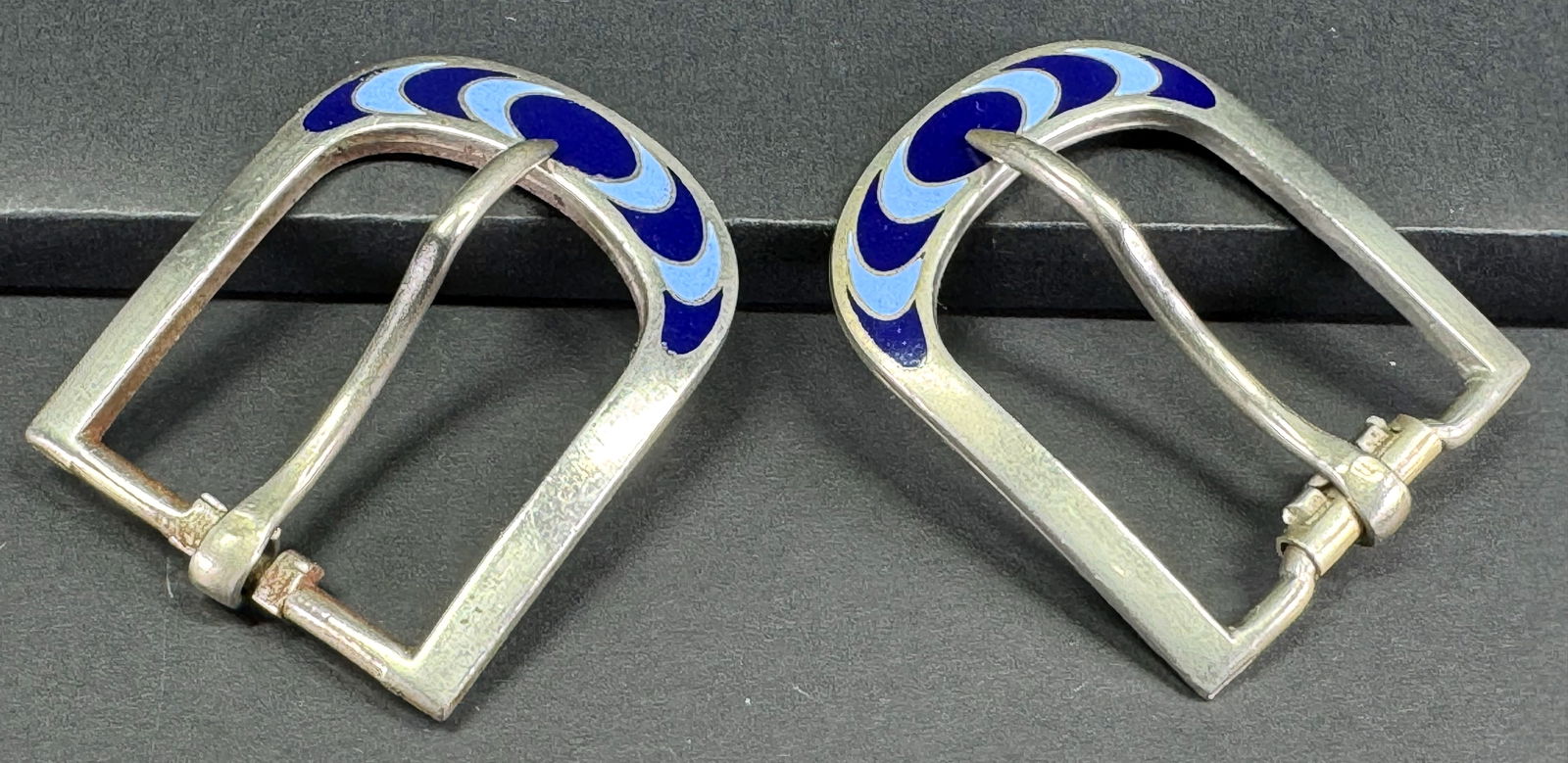 Antique art deco blue & sky blue enamel silvertone metal belt buckles. Lot of 2. (1 of 6)