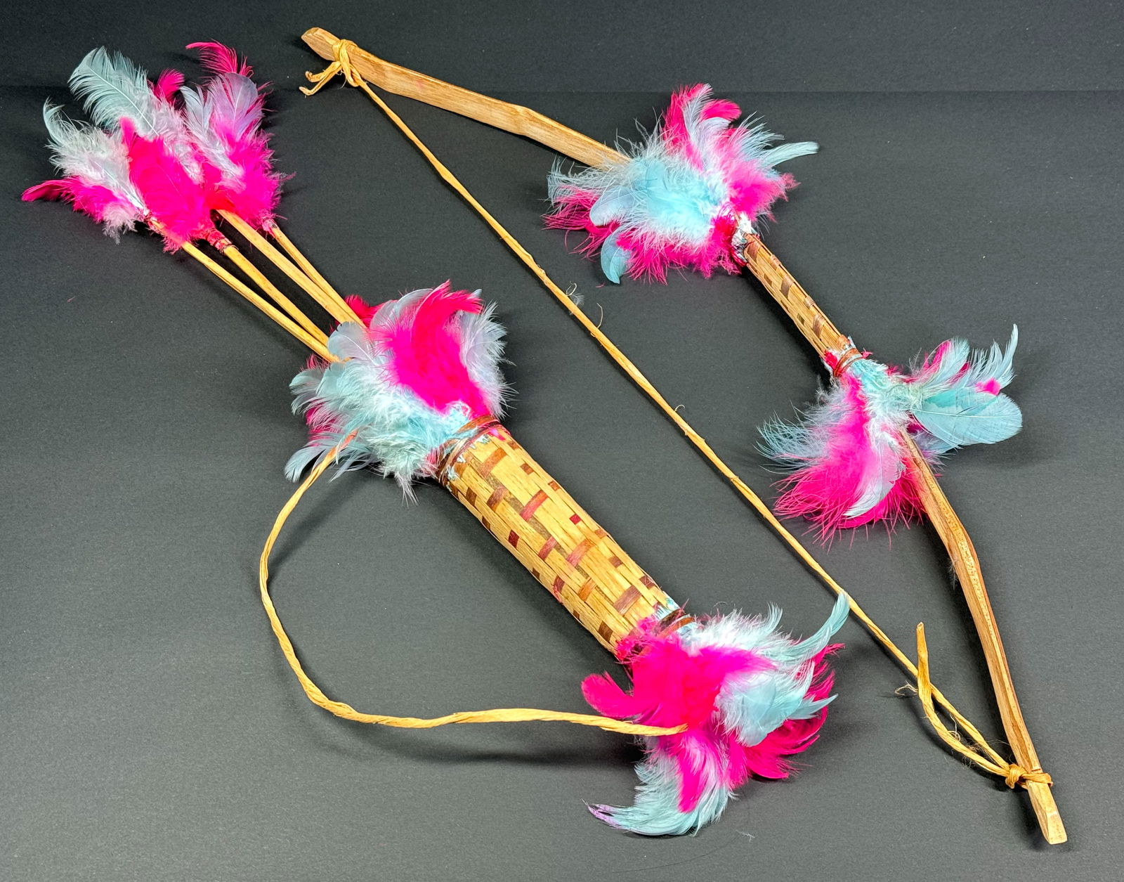 Brazilian Pataxo People children??s bow, quiver and four arrows. Carved wood, woven fibers, (1 of 5)