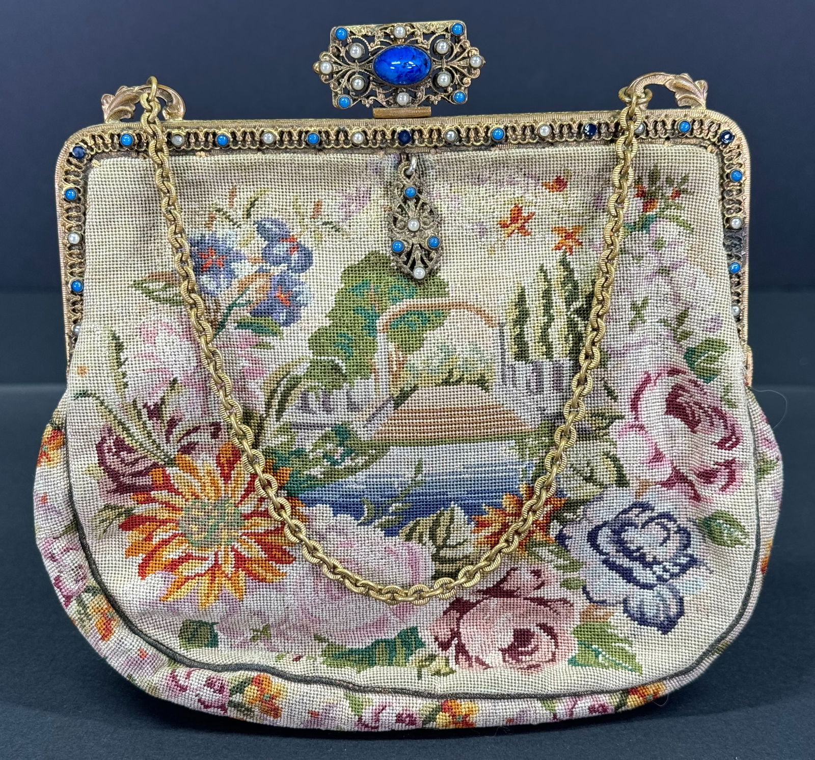 Vintage lapis glass & faux pearls cabs decorated frame & clasp petit point purse bag (1 of 16)