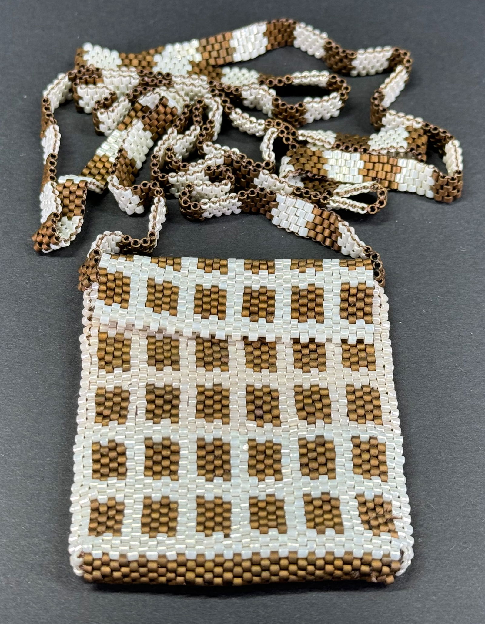 Vintage flapper style chess board glass beadwork tapestry miniature purse pouch necklace (1 of 8)