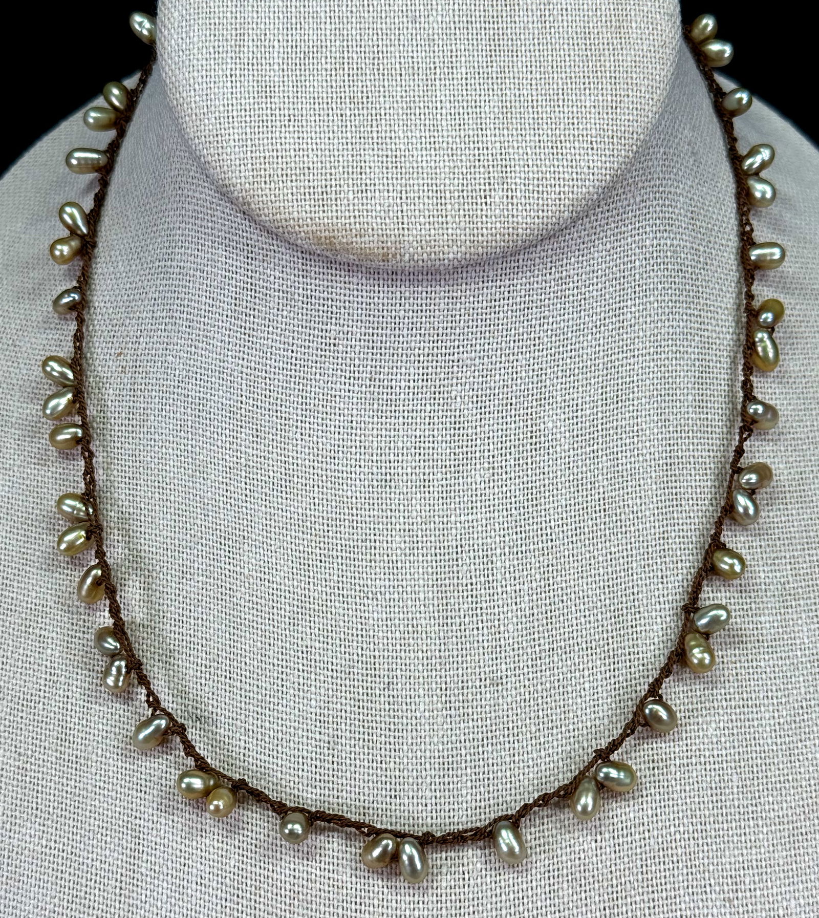 Vintage baroque pearls woven brown thread beadwork necklace. (1 of 5)