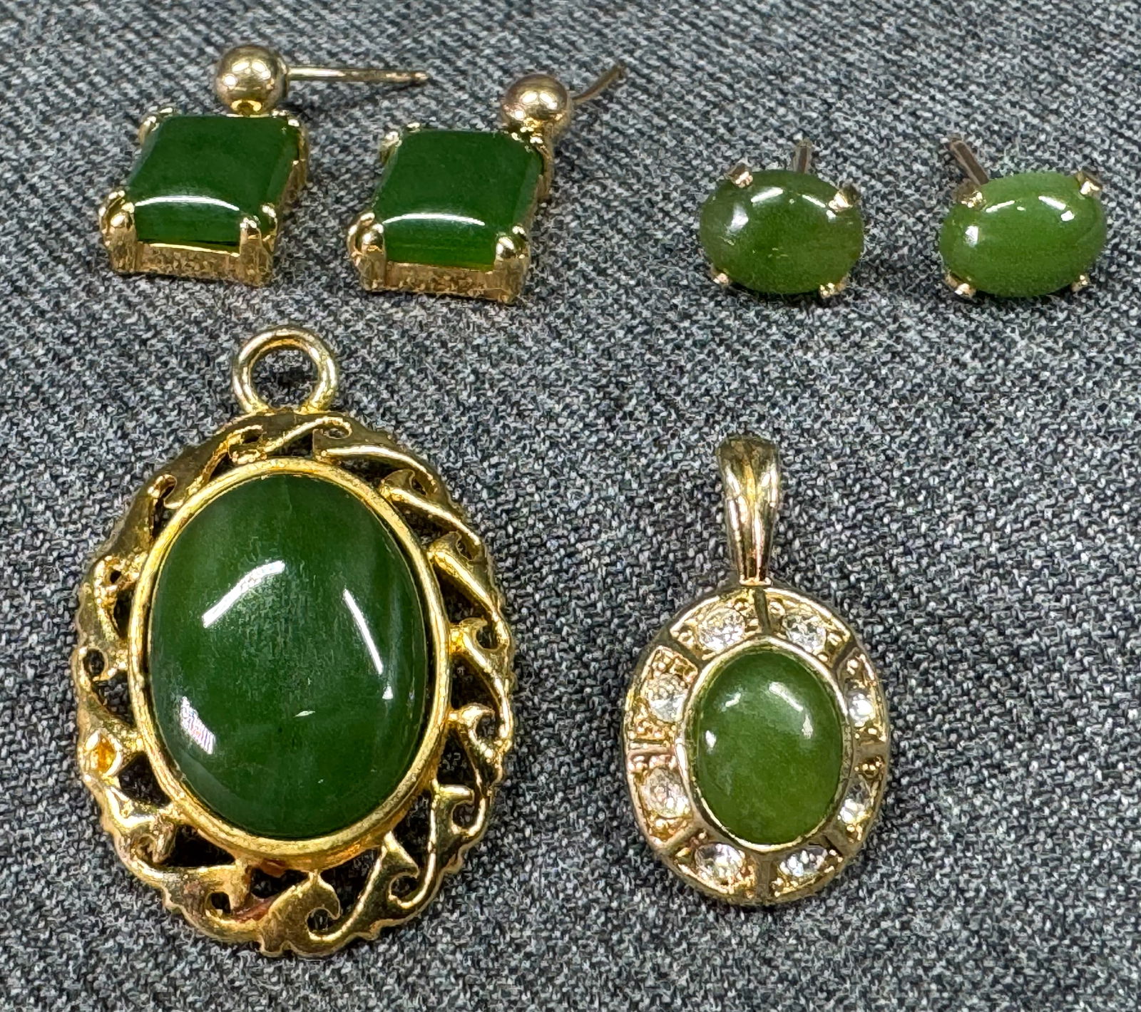 Vintage assorted jade goldtone metal & gold-filled pendants and stud earrings. Lot of 4. (1 of 12)