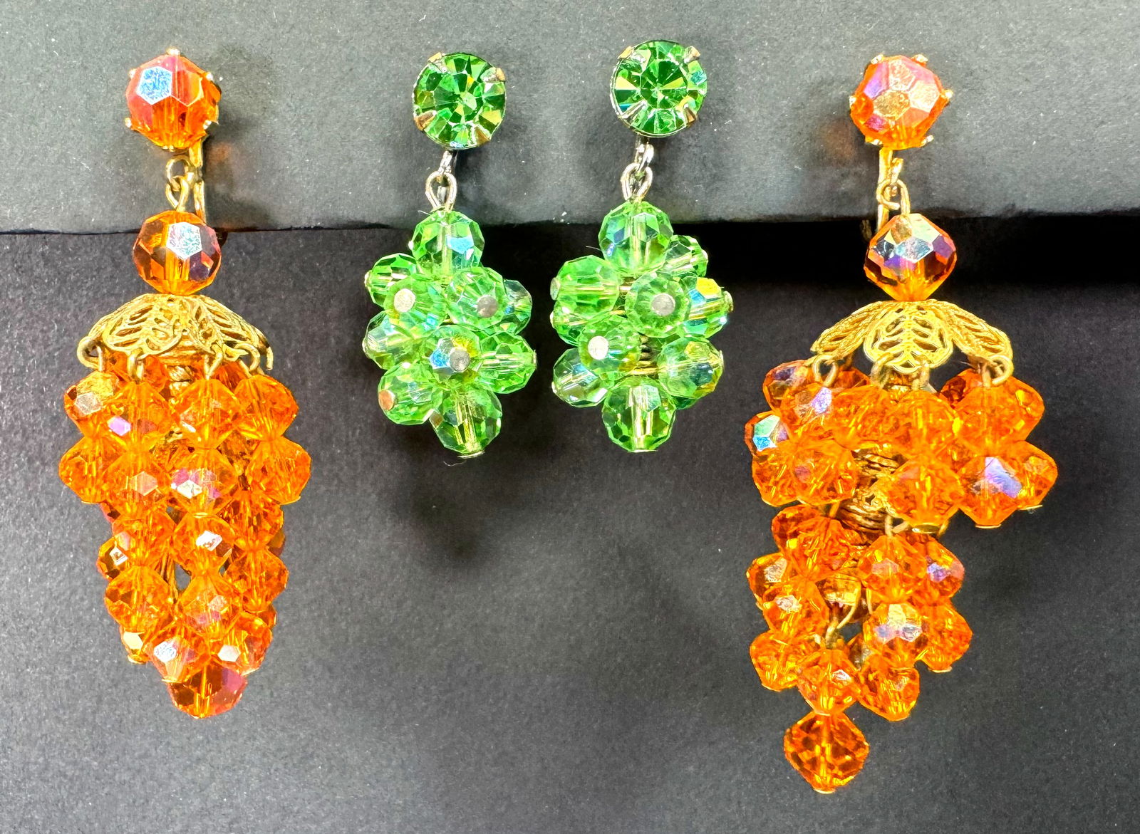 Vintage AB orange & green faceted crystals beads cluster dangles drop goldtone metal clip earrings (1 of 9)