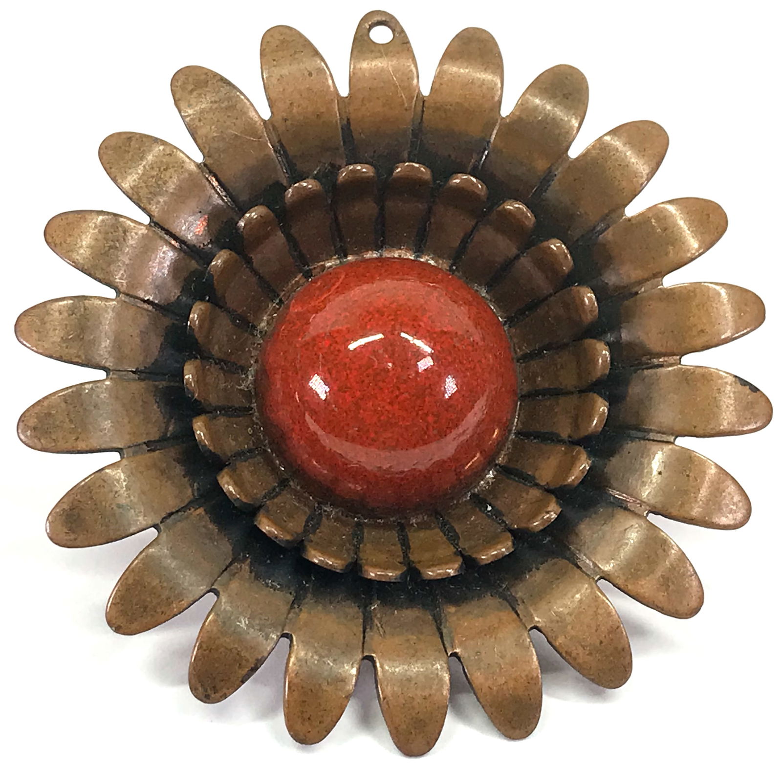 Vintage MCM artisan crafted pottery & copper flower pendant. (1 of 4)