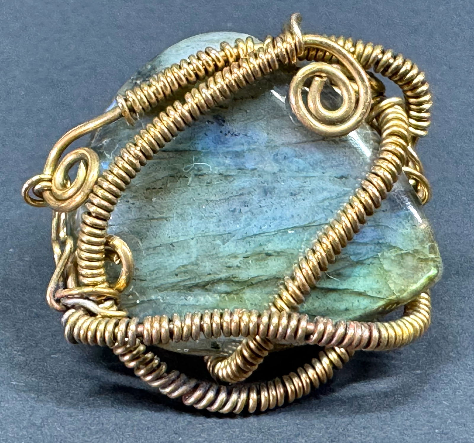 Vintage artisan crafted labradorite wrap woven bronze wire oversized ring. (1 of 10)