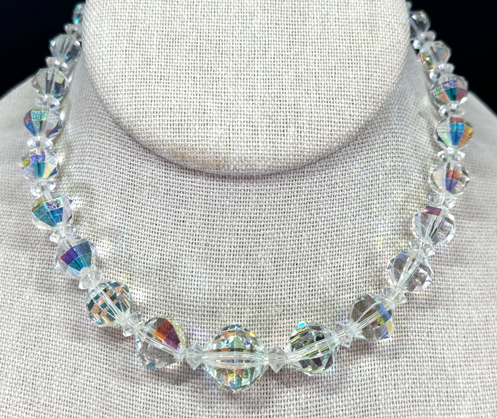 Vintage Laguna AB crystals graduated beads choker necklace.: Vintage Laguna AB crystals graduated beads choker necklace. Marked. For measures please refer to the pictures taken with a measuring tape. Weight: 35 Grams. This is a NO RESERVE AUCTION: there are no 