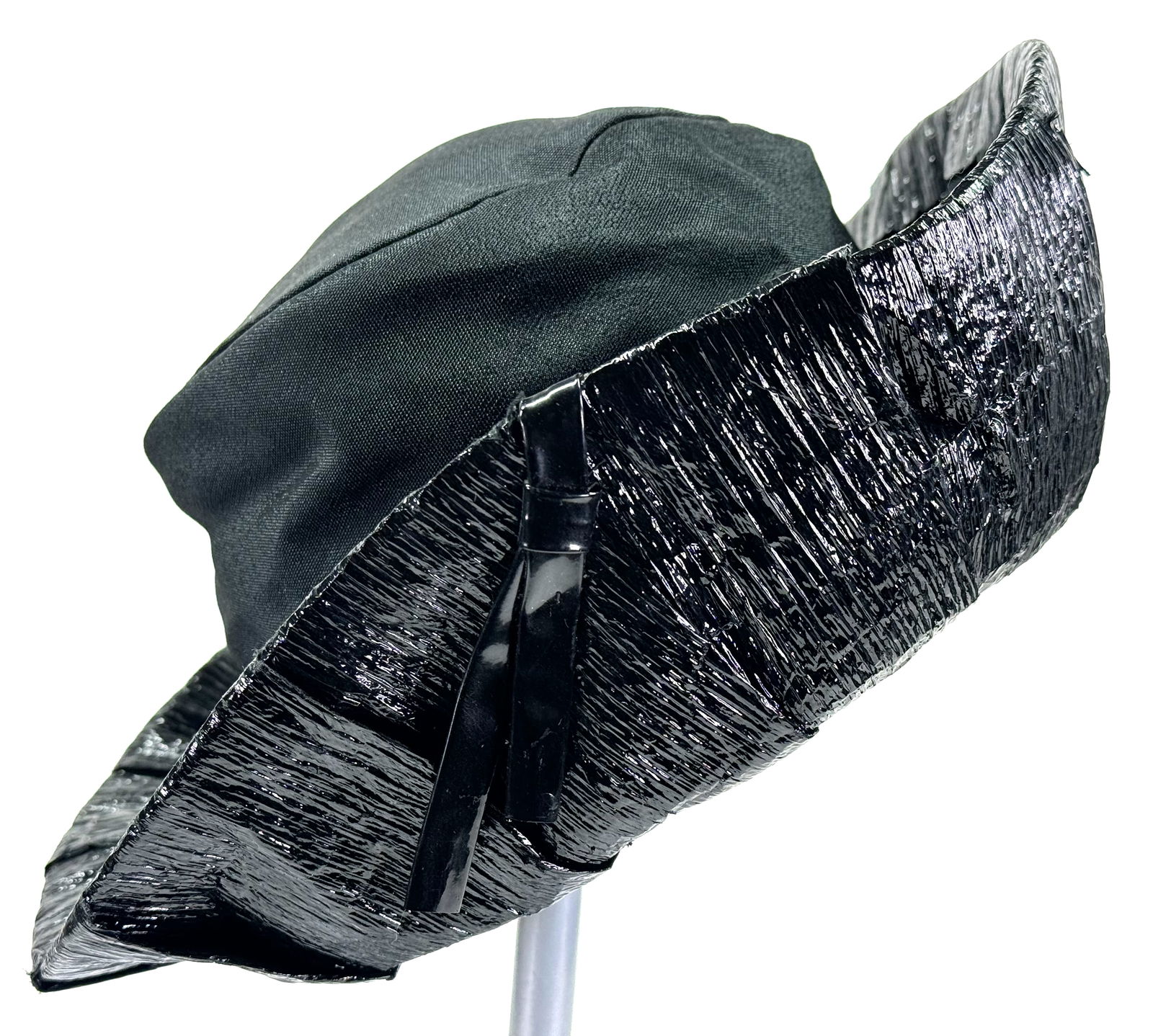 Vintage Marshall Fields Co black vinyl ribbon applique fabric & wrinkle cellophane hat . (1 of 9)