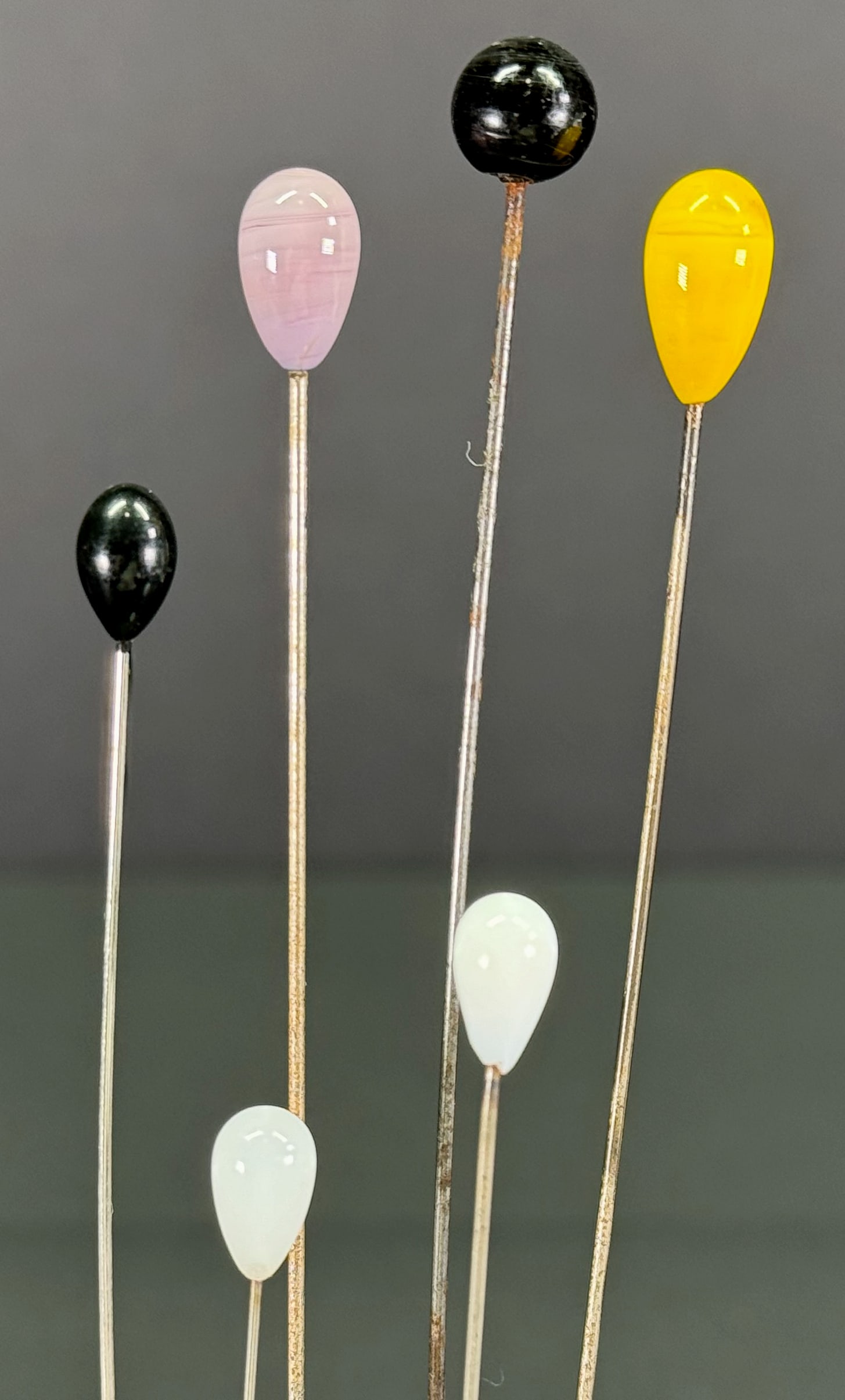 Vintage assorted color drop glass bead hatpins hat pins. Lot of 6. (1 of 7)