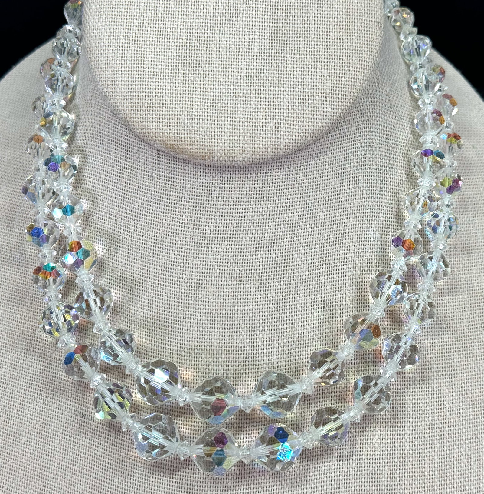 Vintage AB clear crystals two strands collar necklace.: Vintage AB clear crystals two strands collar necklace. Unmarked. Clasp in silvertone metal has the hook only jeweled with crystals. For measures please refer to the pictures taken with a measuring tap