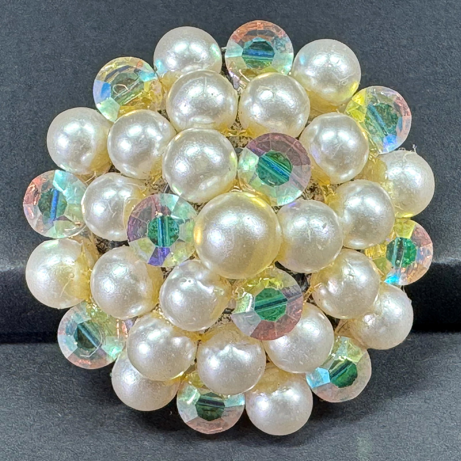 Vintage faux pearls & AB crystals dome flower metal setting pin brooch.: Vintage faux pearls & AB crystals dome flower metal setting pin brooch. Unmarked For measures please refer to the pictures taken with a measuring tape. Weight: 11 Grams. This is a NO RESERVE AUCTION: 