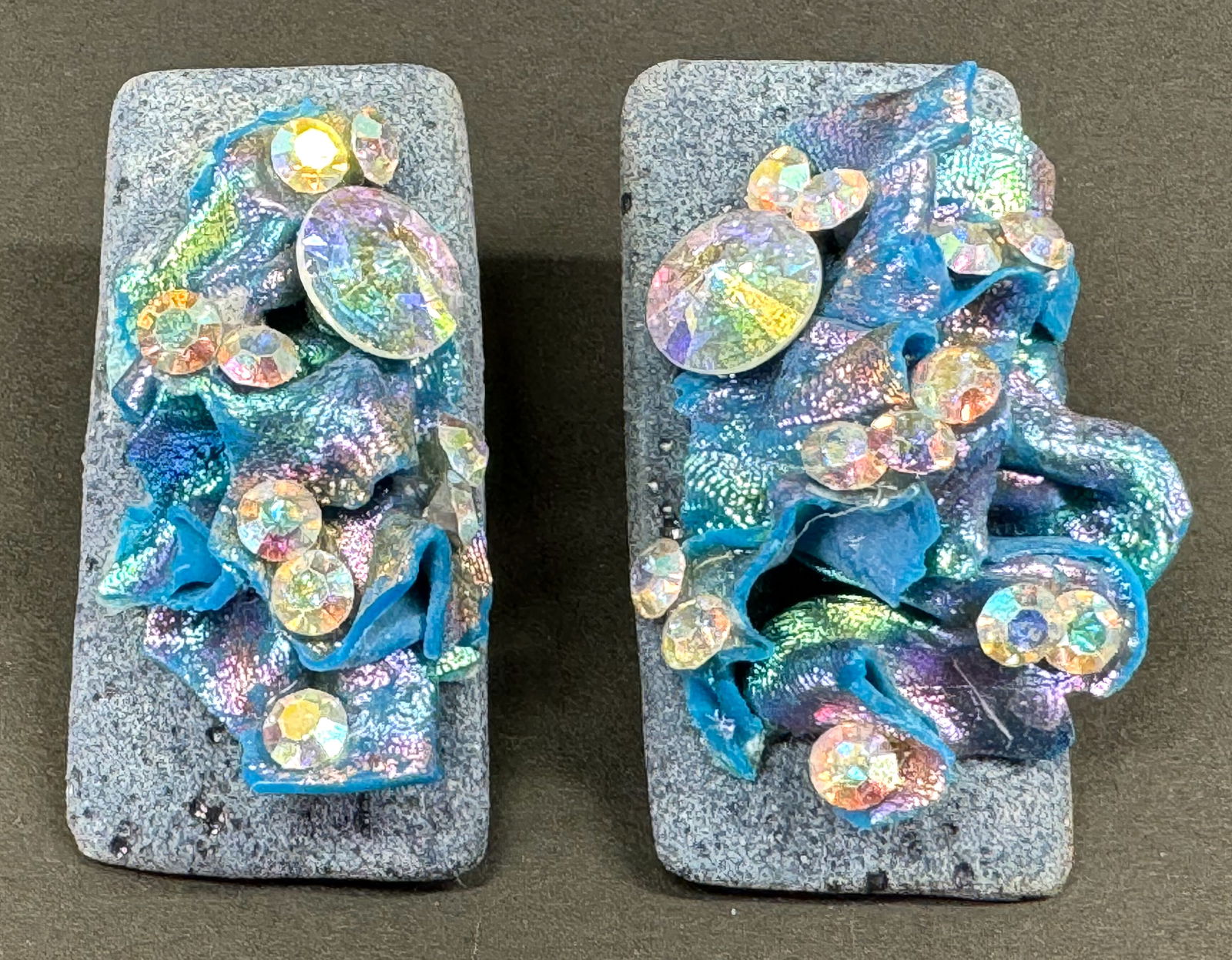 Vintage artsy signed crystals & clay polymer clip on earrings.: Vintage artsy signed crystals & clay polymer clip on earrings. Signed Pamela Beu? For measures please refer to the pictures taken with a measuring tape.Weight: 26 Grams. This is a NO RESERVE AUCTION: