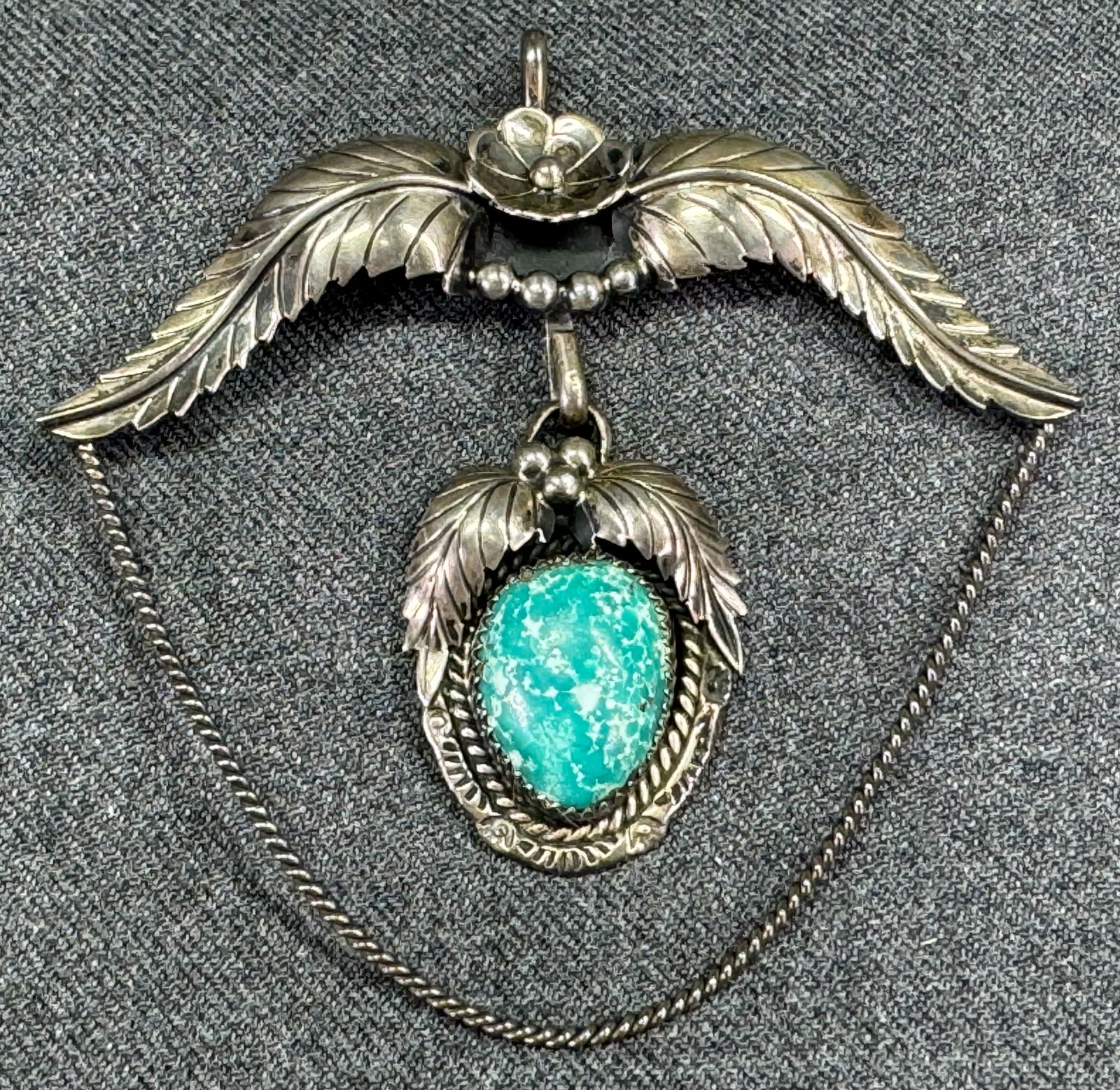 Vintage Navajo Richard Begay? Sonoran Turquoise Sterling Silver Floral large medallion with dangle (1 of 11)