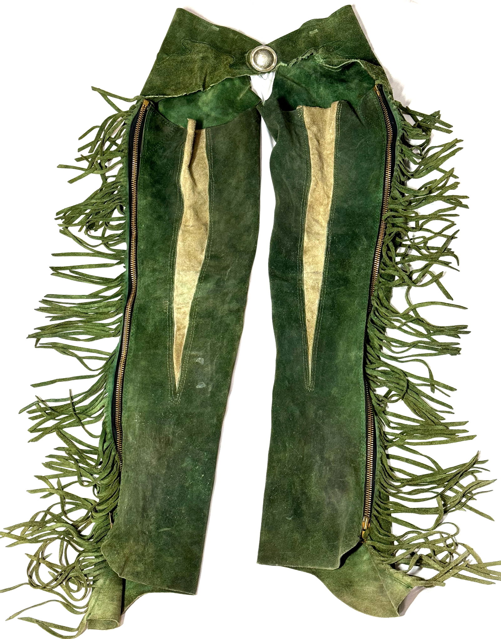Vintage Southwestern ornate silver button and buckle brass zipper fringed green suede chaps. (1 of 20)