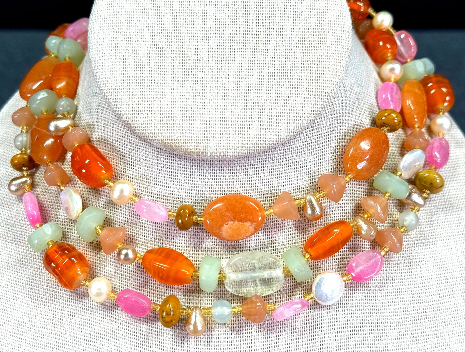 Vintage color plastic, glass, stones, baroque pearls, 3 strands collar necklace.: Vintage color plastic, glass, stones, baroque pearls, 3 strands collar necklace. Unmarked. For measures please refer to the pictures taken with a measuring tape. Weight: 87 Grams. This is a NO RESERVE