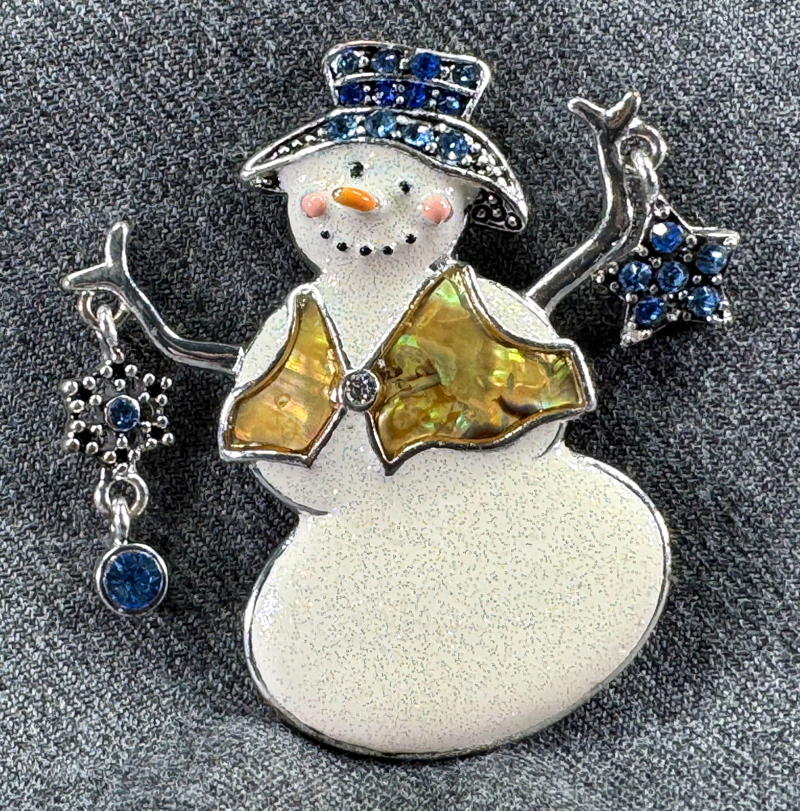Blue rhinestones glitter enamel silvertone metal snowman with dangles pin brooch. (1 of 6)