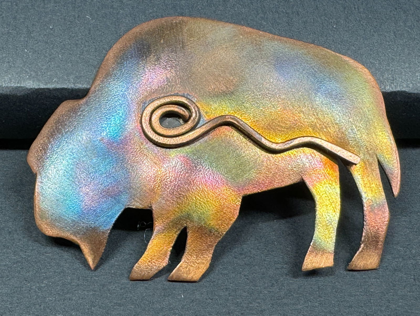 Handcrafted rainbow copper bison with swirl ornament  pin brooch. (1 of 6)