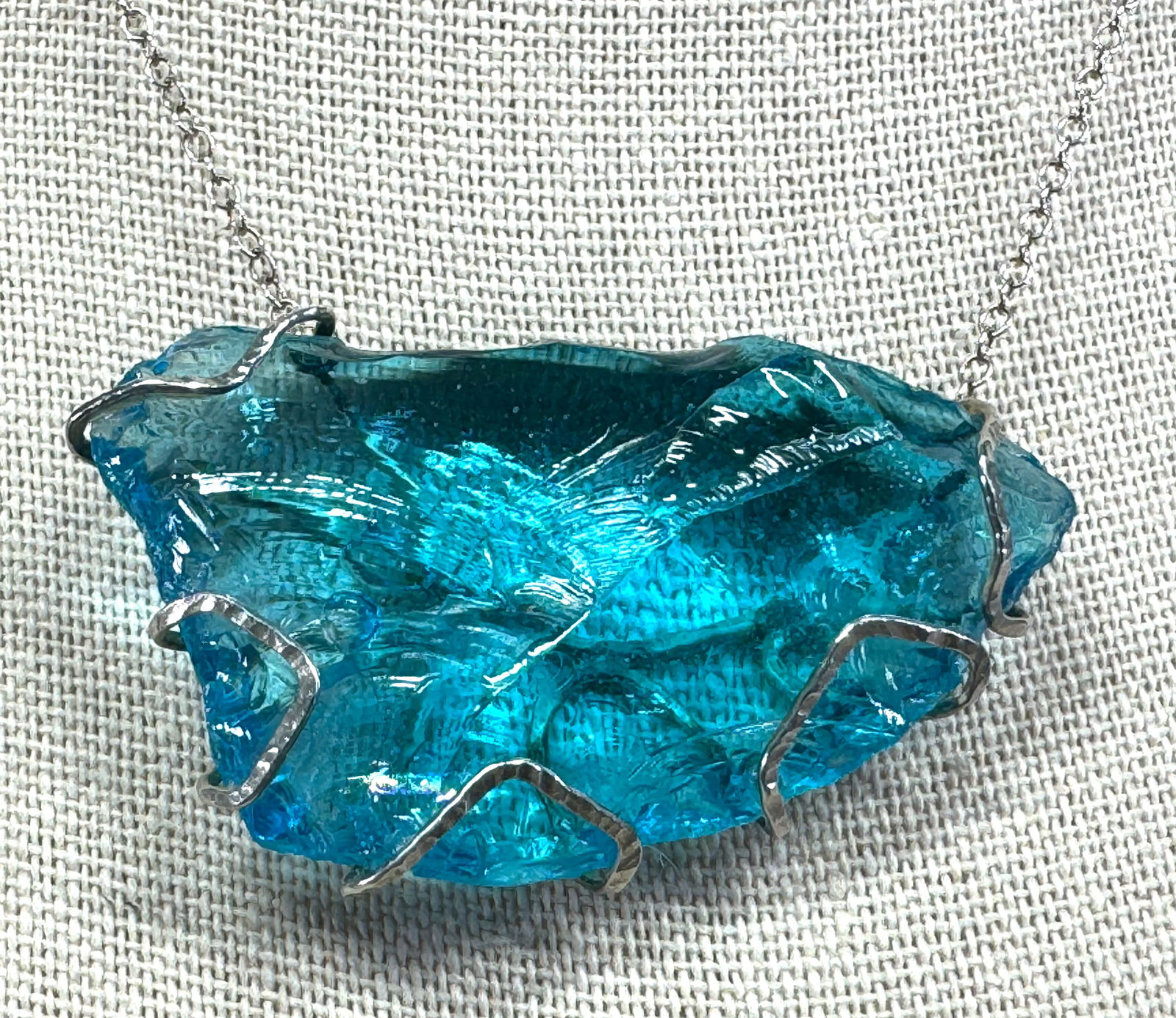Artsy aqua blue Monatomic Andara crystal sterling silver pendant chain strap necklace. (1 of 12)
