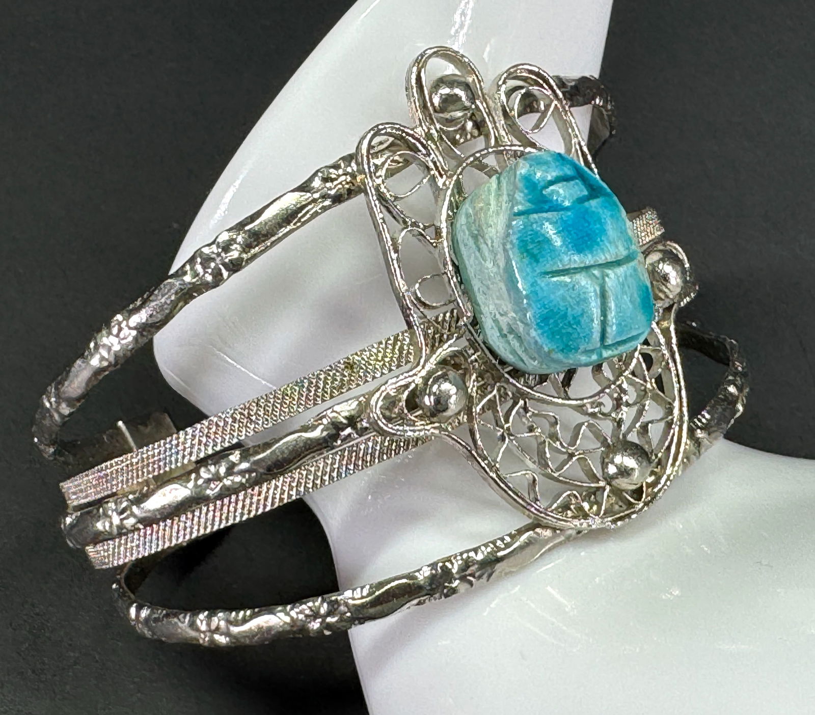 Vintage turquoise color pottery scarab filigree hamsa hand silvertone cuff bracelet. (1 of 10)