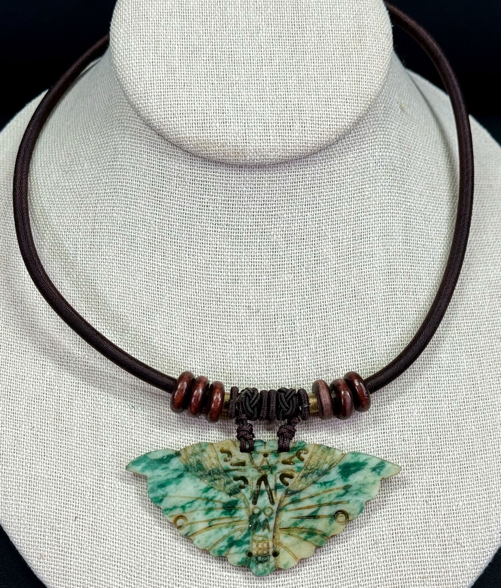 Vintage Chinese carved green stone butterfly medallion silky cord strap collar necklace. (1 of 9)