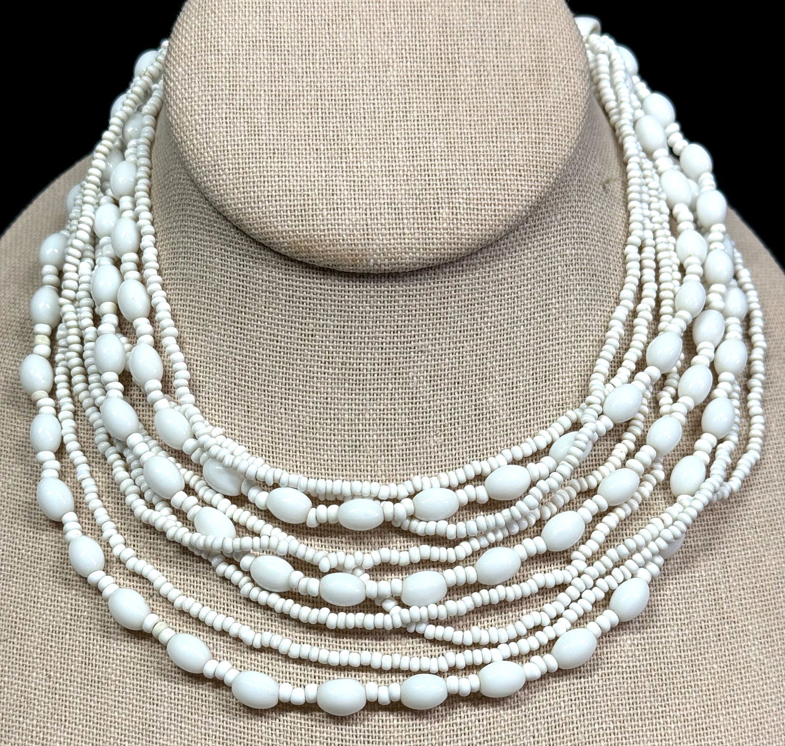 Vintage German white glass beads multi strand collar necklace. (1 of 8)