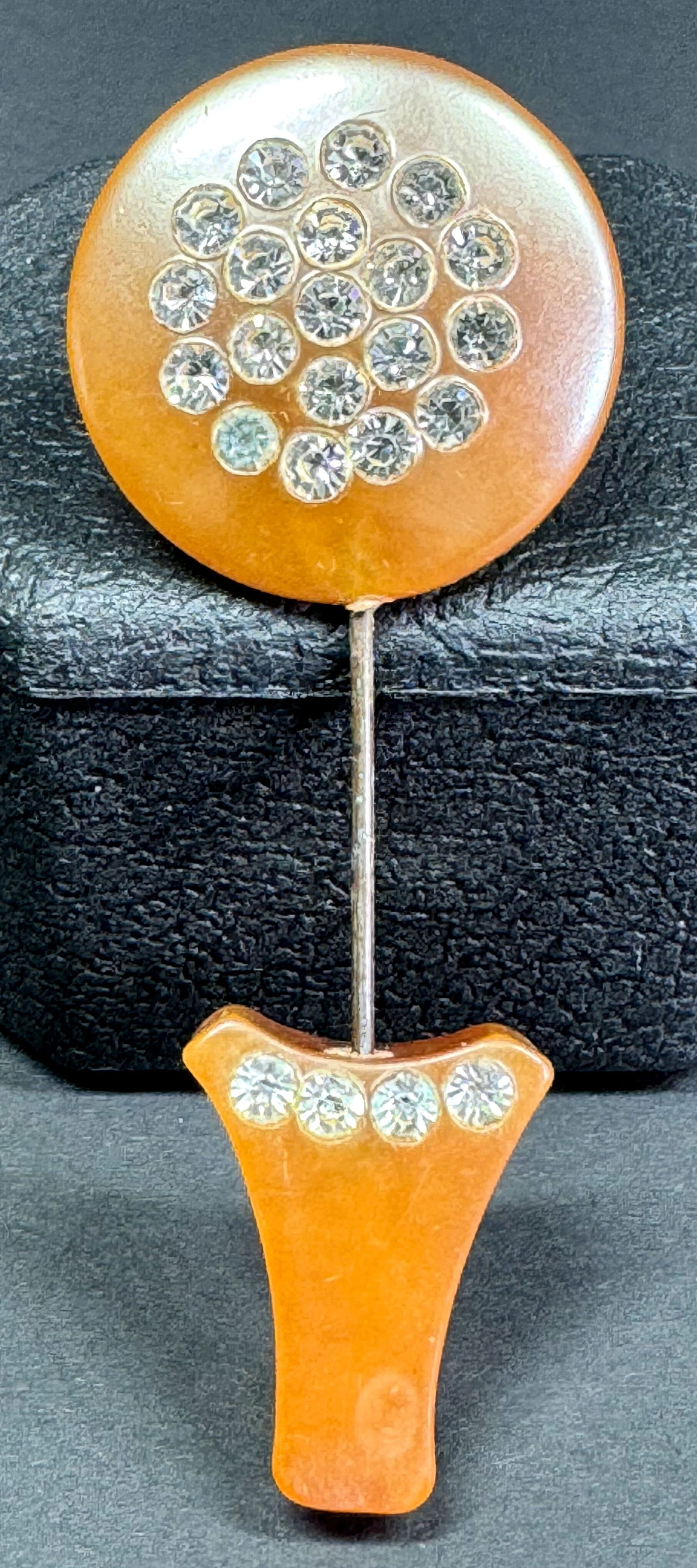 Vintage art deco encrusted clear rhinestones pearly beige celluloid flower pot shaped  jabot pin (1 of 5)