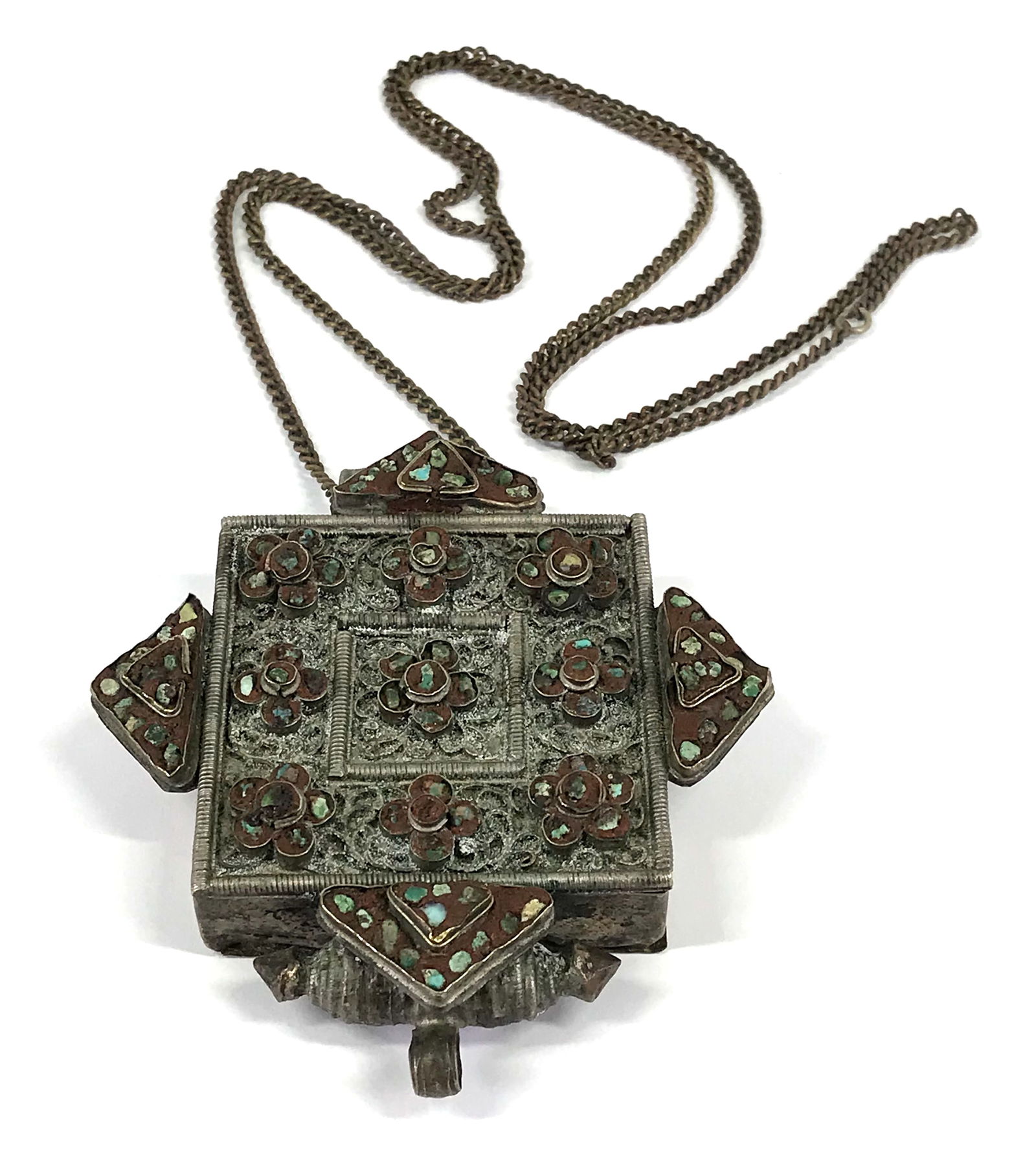 Vintage Tibetan Inlaid Turquoise Silver Gau Prayer Box (1 of 13)