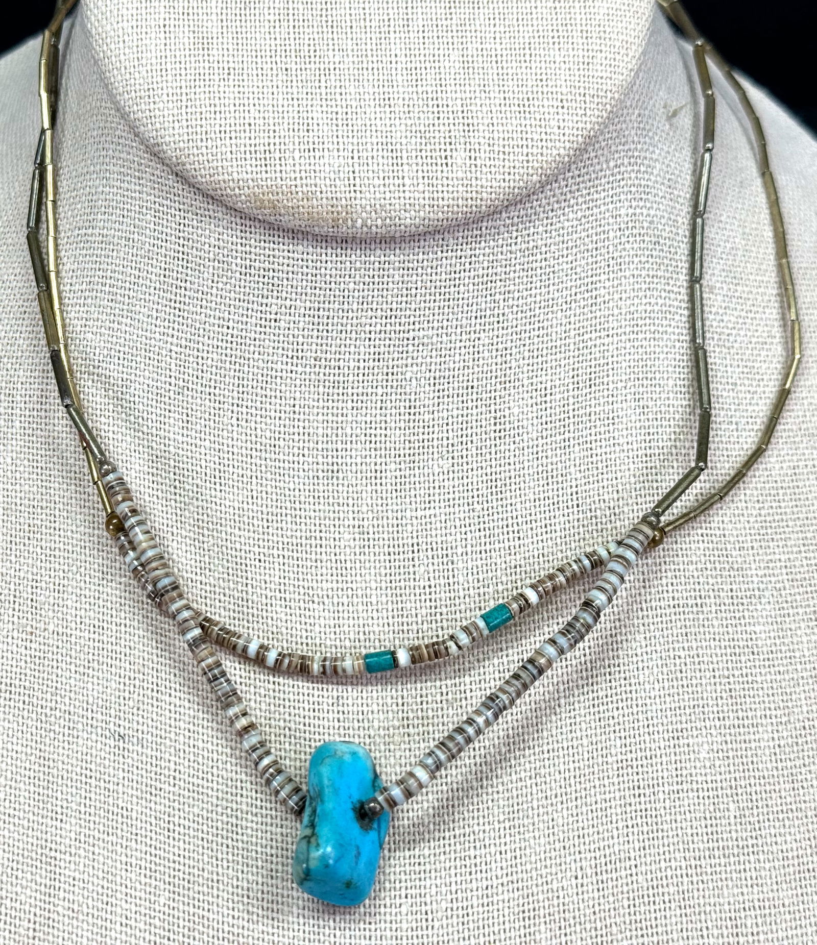 Vintage native american assorted turquoise, heishi shell, liquid silver beaded choker necklaces (1 of 9)
